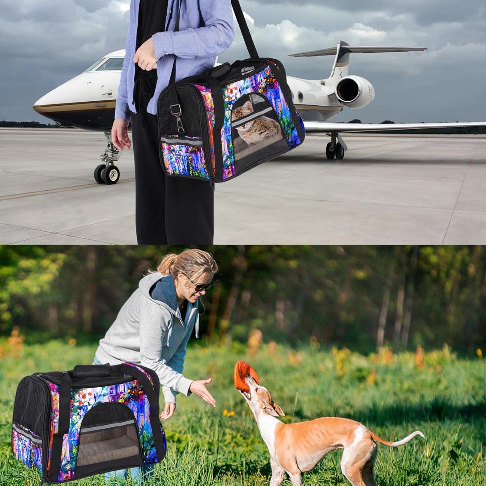 Haustier-Tragetasche, weiße Häuser mit Blumen und blauem Himmel, Ölgemälde, weiche Seiten, Haustier-Tragetasche, für Katzen, Hunde, Welpen, bequem, tragbar, faltbar, von Fluggesellschaften zugelassen