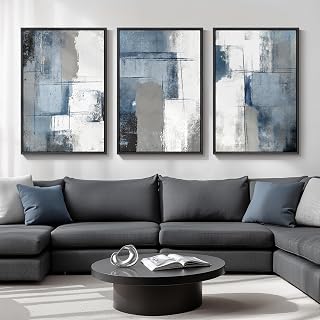 Cuspin 3-Piece Blue Grey Abstract Framed Canvas Wall Art 24x36in - Modern Minimalist Decor for Living Room Bedroom Office