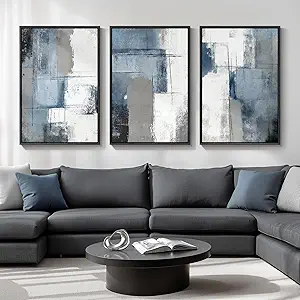 Large Framed Navy Blue and Grey Abstract Wall Art for Living Room, 3 Piece Modern Canvas Prints P...