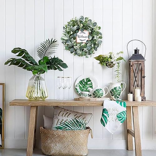 Miniatura 6 de Bibelot Corona de eucalipto artificial verde para puerta delantera, corona de primavera y verano de 18 pulgadas con letrero de bienvenida para
