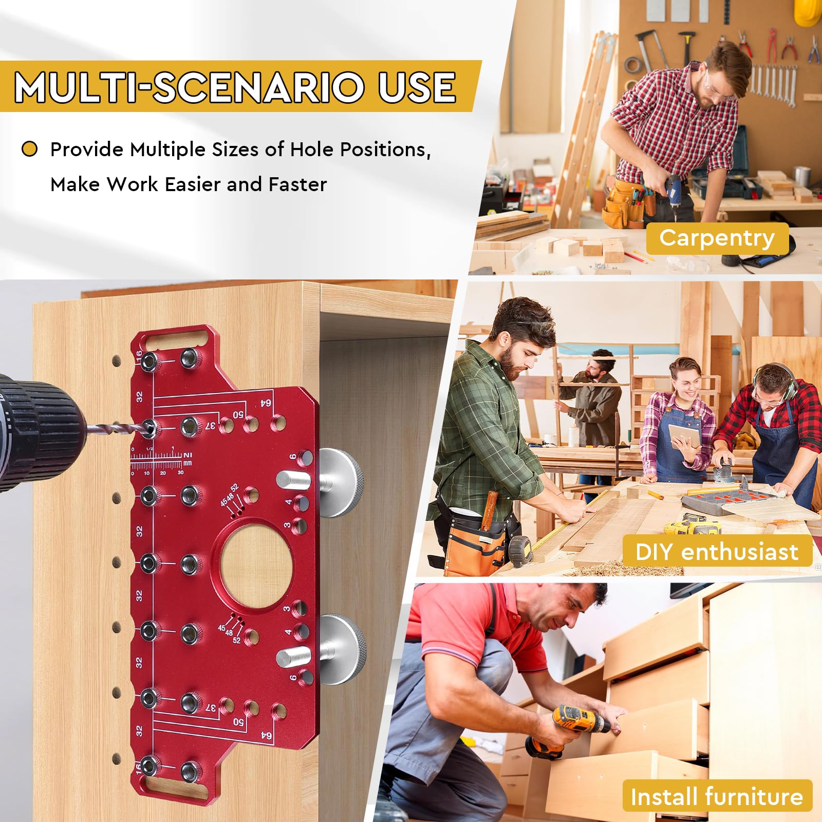 Regalstift-Bohrvorrichtung Rot Shelf Pin Jig und Cabinet Hinge Jig 2 in 1 Regalstiftvorrichtung und 35mm Scharniervorrichtung Alu Lochreihen Bohrschablone mit 5mm und 1/4 Zoll Bohrern (Kurz)