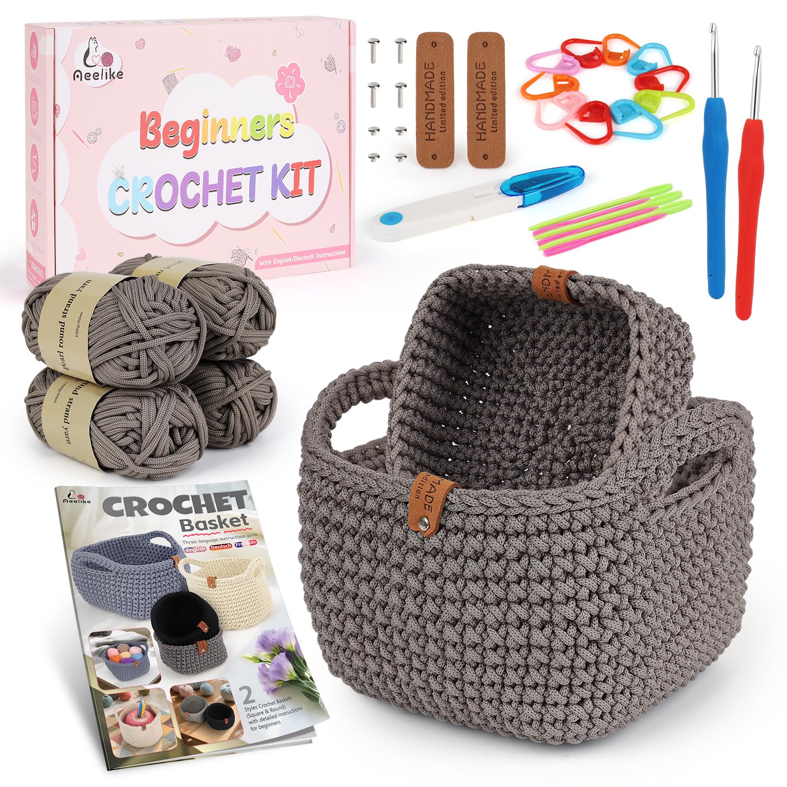Coopay Haakset voor beginners, 2 maten, vierkante manden, handleiding incl., zelfhaakset voor manden