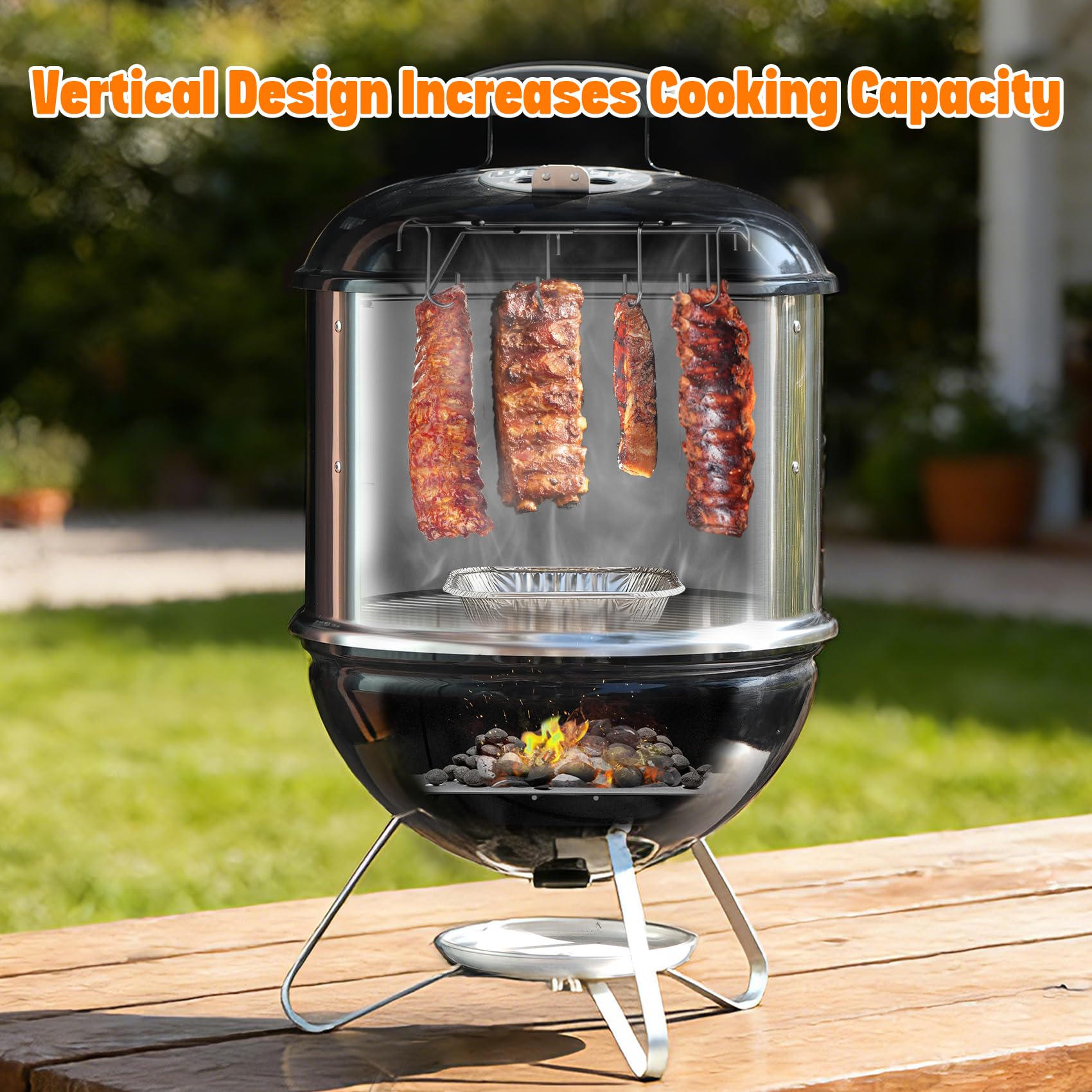 Onlyfire Edelstahl Räucherkammer für Weber Smokey Joe 37cm Holzkohlegrill mit Ring und Speckaufhänger Set