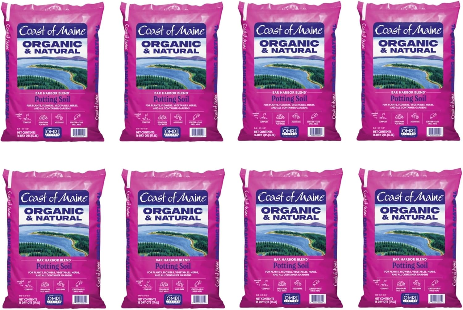 Coast of Maine Bar Harbor Blend, 16qt (Pack of 8) Organic and Natural Potting Soil for Houseplants, Flowers, Vegetables, Herbs and Containers