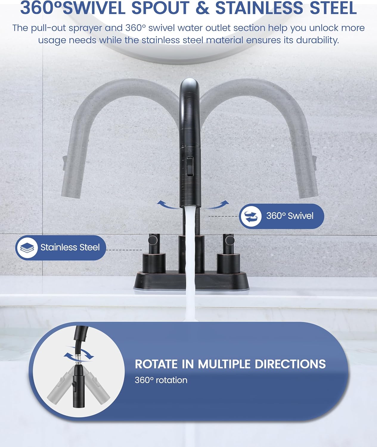 Bathroom Faucet with Pull Out Sprayer, Oil Rubbed Bronze Bathroom Faucet 3 Holes, 2 Handle Bathroom Sink Faucet with 360 Degree Swivel Spout, Pop Up Drain Assembly Included