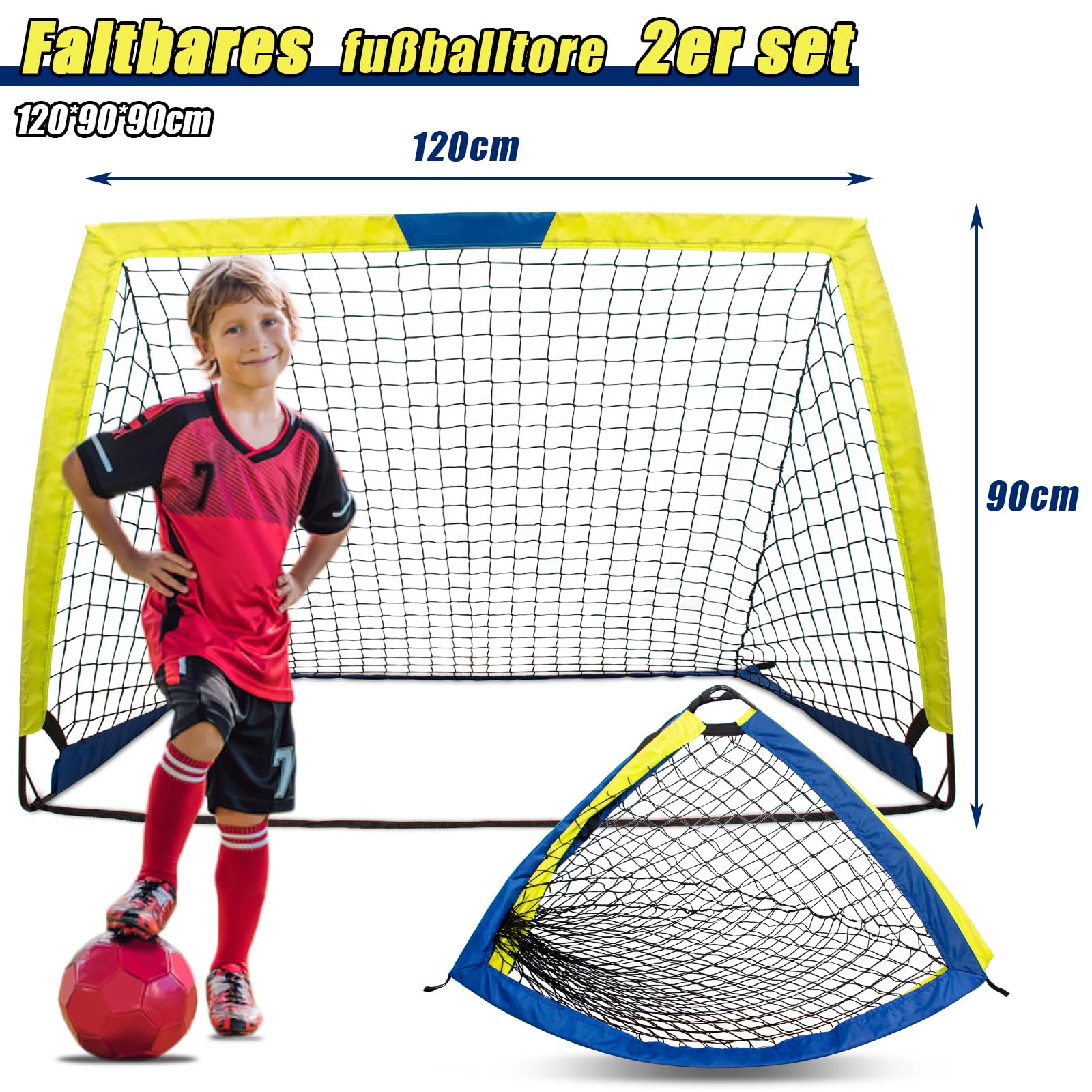 Buts de Football pour Jardin Enfants 90x74x74cm Cage de Foot Pop-Up Pliable Lot de 2 Exterieur Indoor/Outdoor