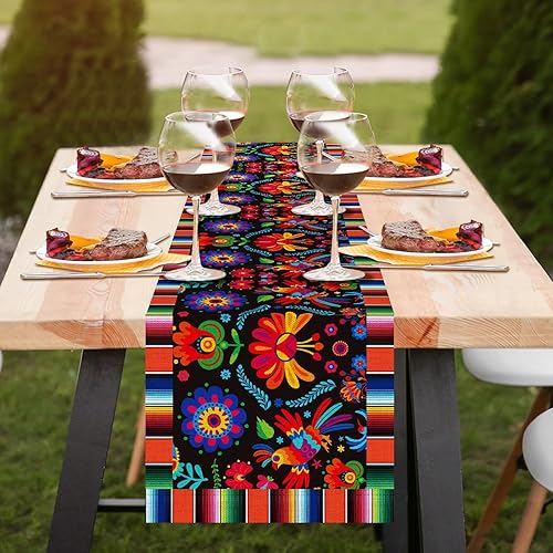 Miniatura 4 de 6pcs Linen Mexican Fiesta Table Runner Decoration 72×13inch Long Cinco De Mayo Dia De Los Muertos Runners Farmhouse Runner Day of The Dead Decor and