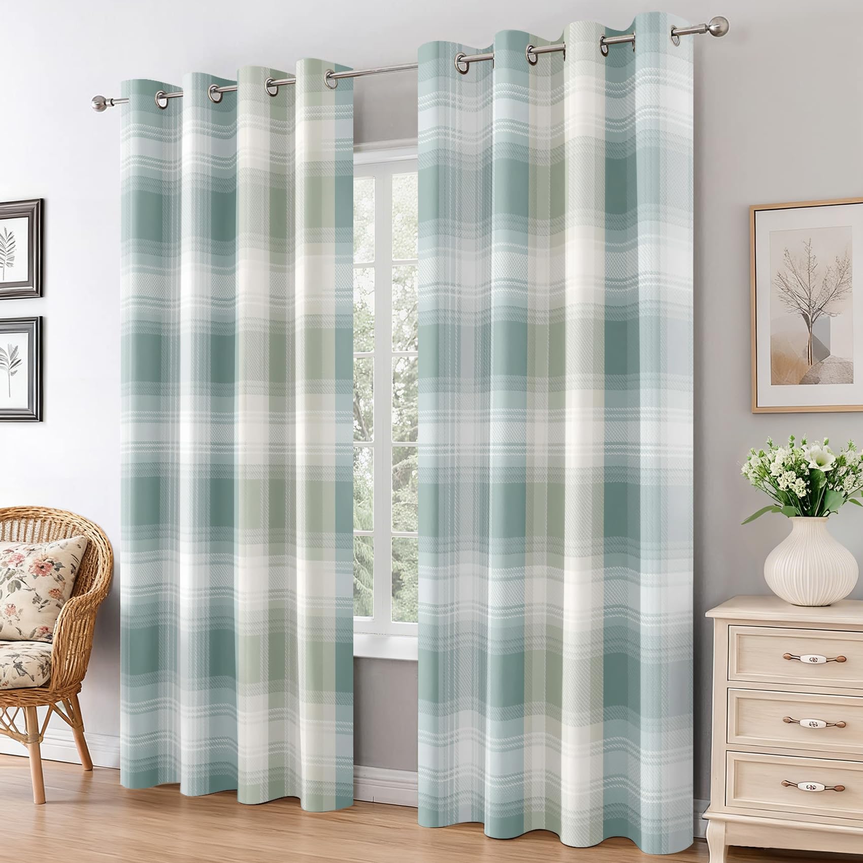 Tende oscuranti a quadretti verde chiaro, altezza 137 cm, 2 pannelli, per camera da letto e soggiorno, tende con occhielli, 167 x 137 cm, elegante decorazione per la casa