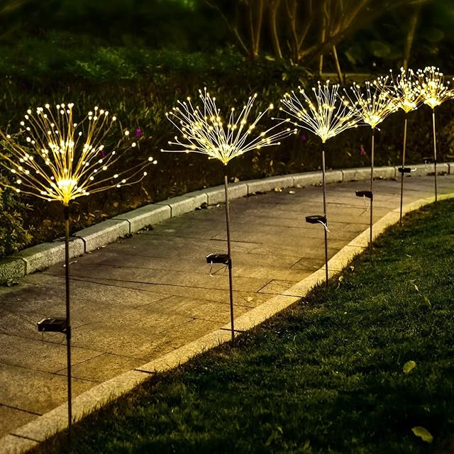 ASLEN Outdoor Solar Garden Light, 2 PC 120 LED 8 Flash Modes, Firework Stake Starburst Fairy Lights, Waterproof DIY Flower Trees for Walkway Patio Lawn Backyard Christmas Decor (Warm White,2 pcs)