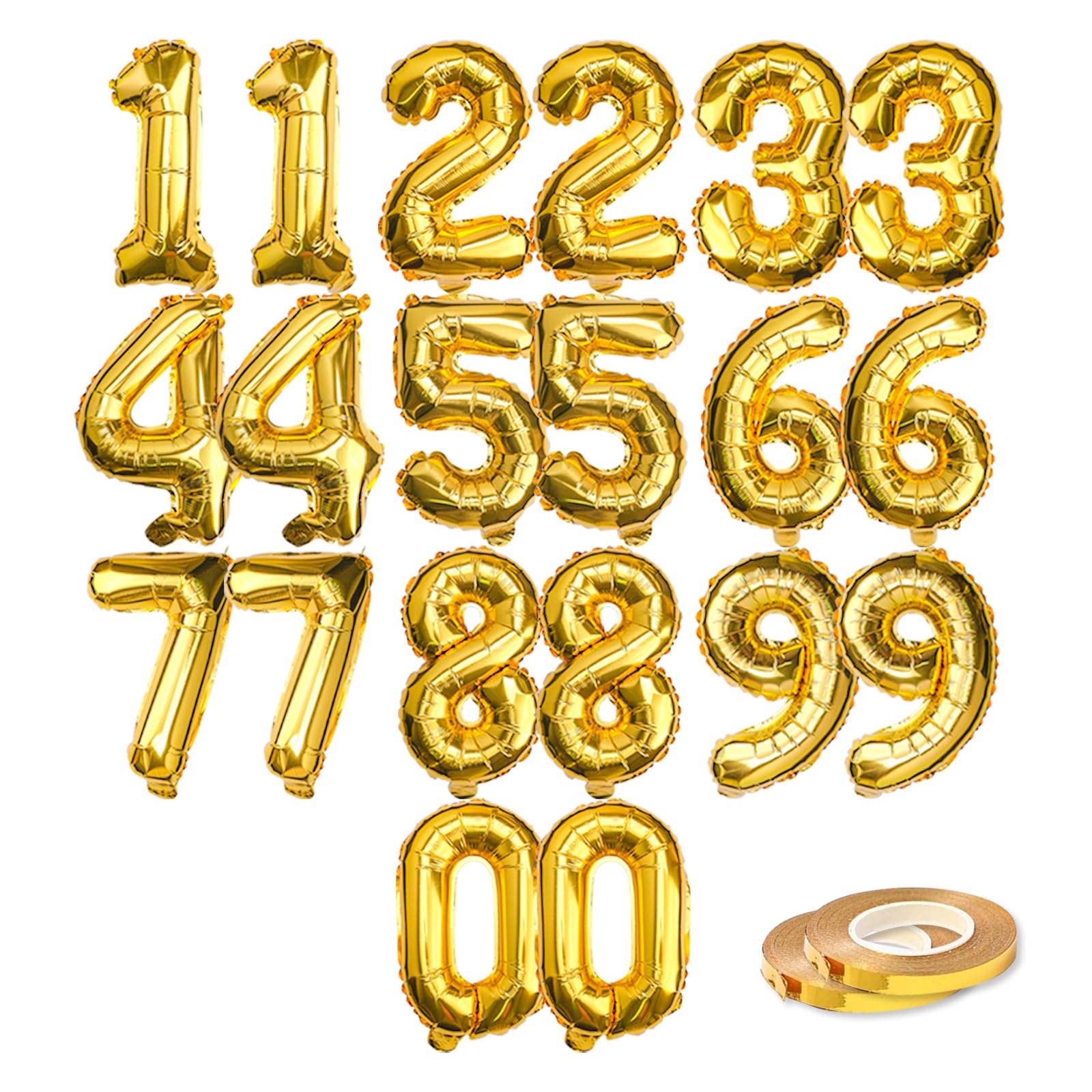 [20 Pcs] 16" Gold Foil Number Balloons (2 sets of 0-9) - Mylar Aluminum Hanging Decorations for Graduation, Birthday, Christmas & New Year's Eve Parties
