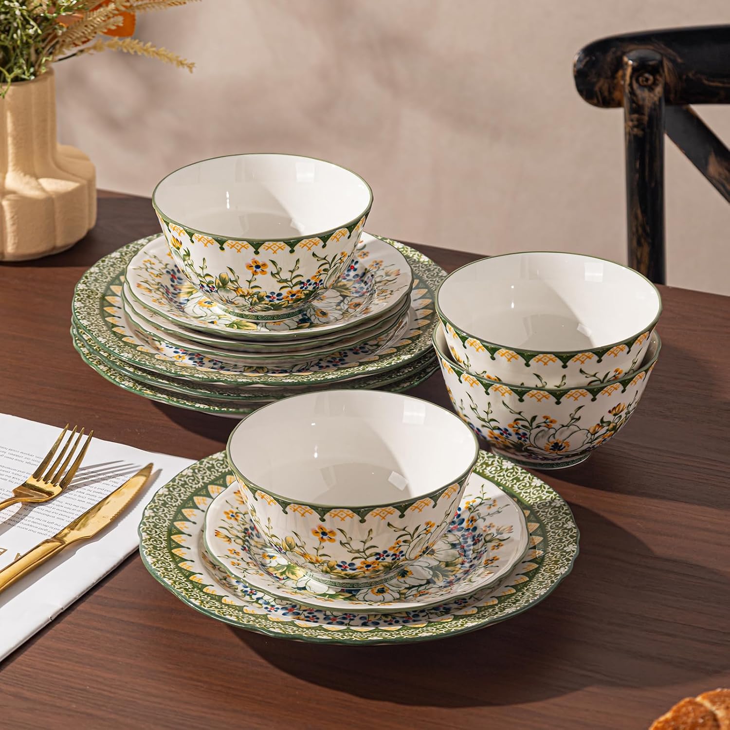12-Piece Dinnerware Set for 4, Porcelain Plates and Bowls Sets, Polish Jasmine Floral Pattern Bohemian Dishes, Scratch-Resistant Ceramic Dish Set, Microwave & Dishwasher Safe