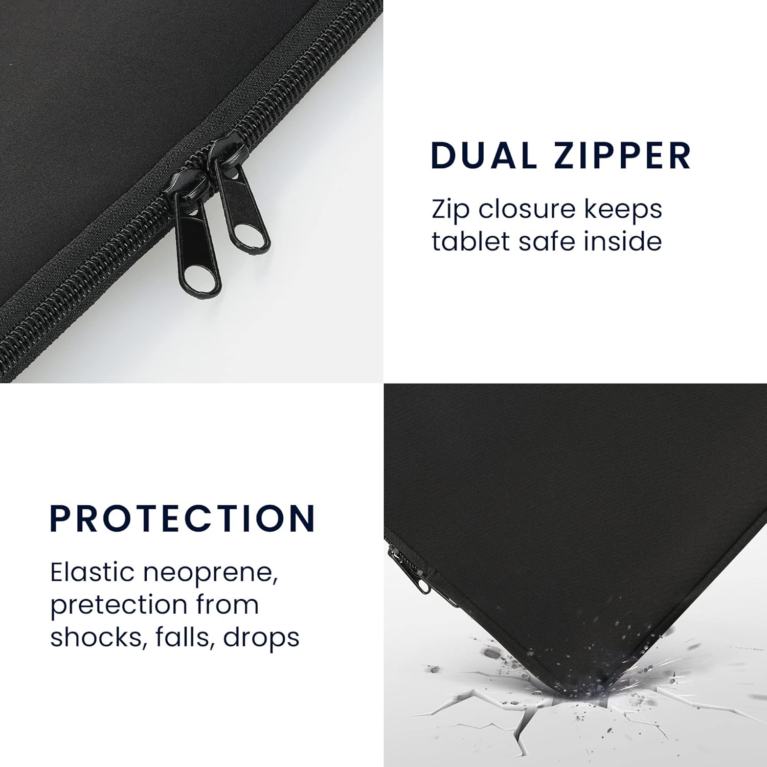 Close-up of the dual zipper on the tablet pouch and an illustration of impact protection