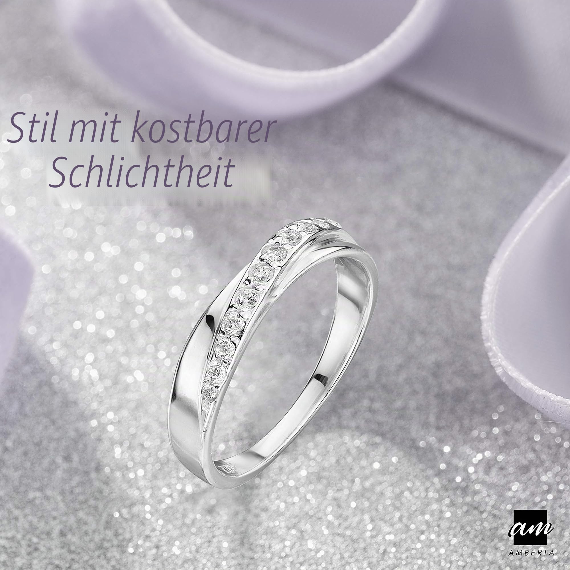 Amberta Damen Ring aus Sterling Silber Gekreutzter Hochzeitsring Zirkonium Steine Spirales Design