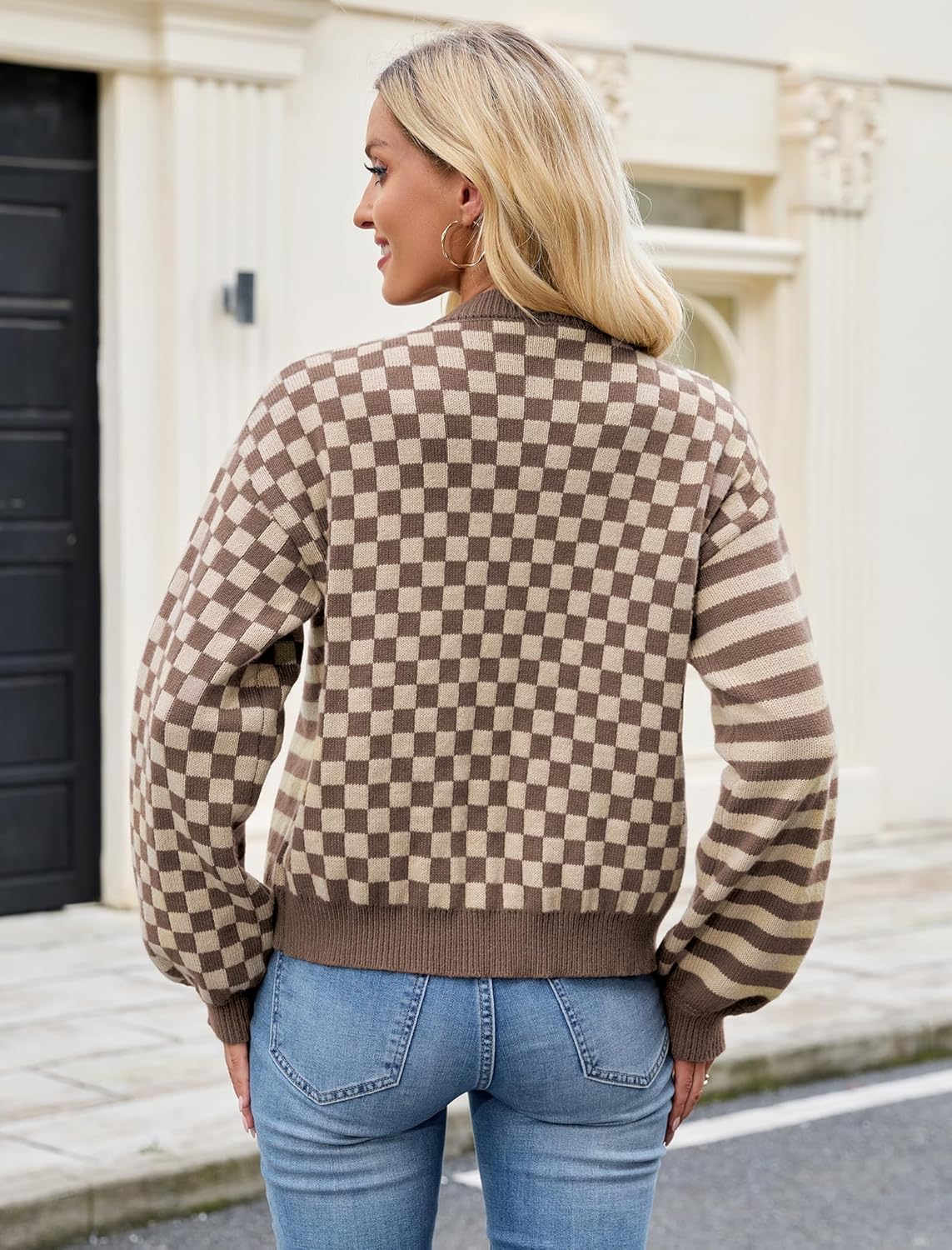 ZAFUL Cardigan Sweaters for Women Trendy Fall 2025 Striped Checkered Button Down Oversized Knit Sweater Outerwear - Image 6