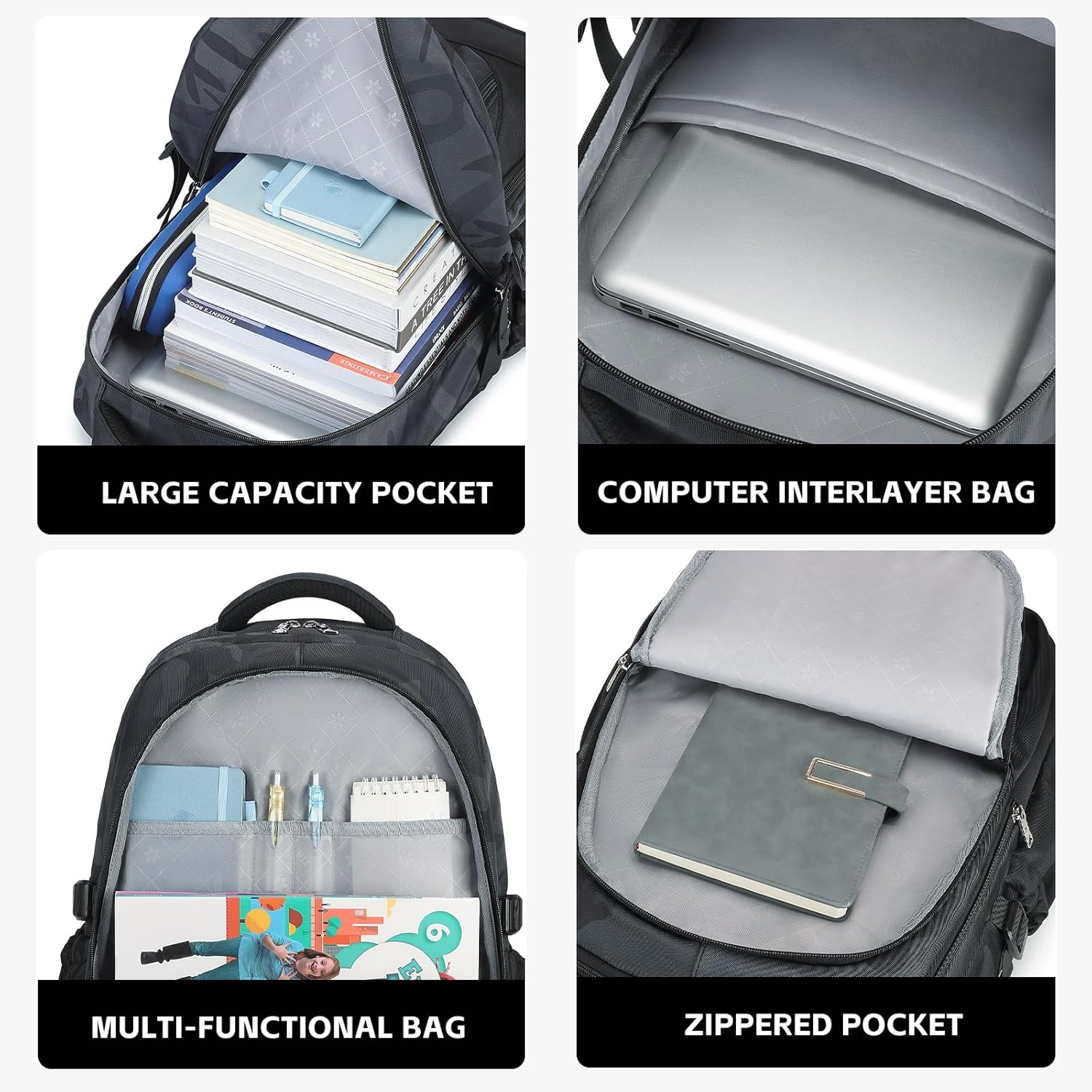 Backpack, 34L 15.6'' Laptop Compartment, Ergonomic 3D Pad, Water-Resistant Oxford Fabric (Black)