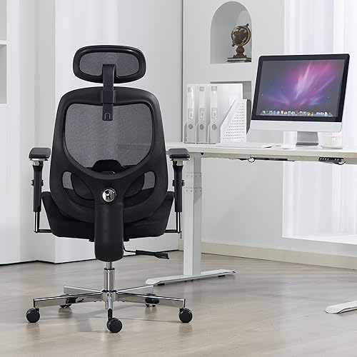 Silla de oficina ejecutiva grande y alta, silla de escritorio ergonómica de malla cómoda con brazos 4D y asiento extra ancho, reposacabezas