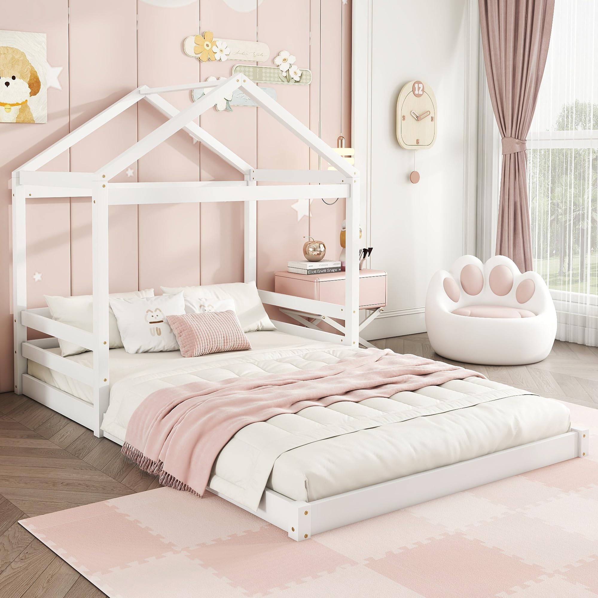 Kinderbett Bodenbett Doppelbett 140x200 cm, Bett Hausbett mit Haus Dach&Lattenrost, Holzbett Bettgestell Jugendbett Flachbett Bettrahmen für Kinder Jungen & Mädchen, Kiefernholz, Ohne Matratze, Weiß