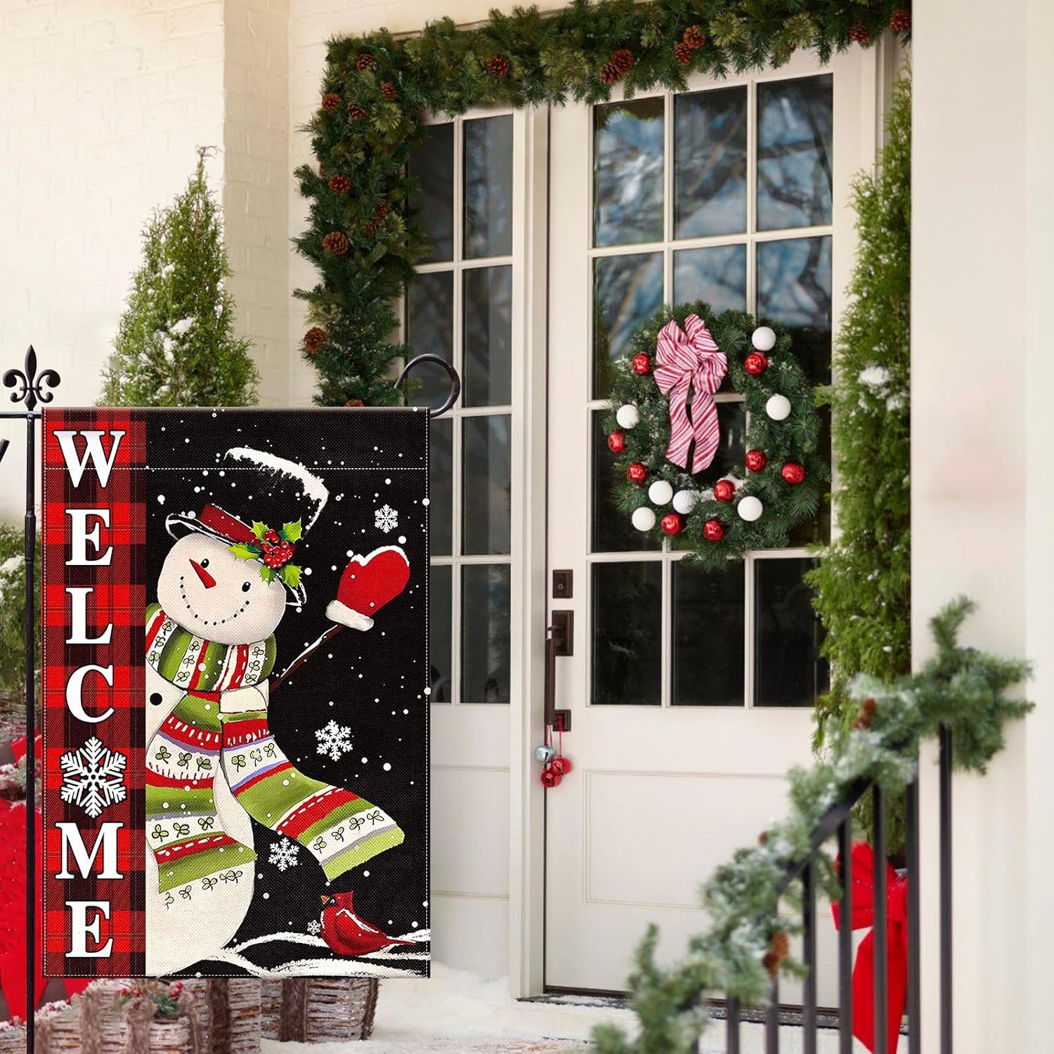 Prime+Deals+Sale Welcome Christmas Garden Flag 12x18 Inch Double Sided Snowman Buffalo Plaid Welcome Flag for Outside Winter Festive Holiday Yard Outdoor Decorative Burlap Yard Flag - Image 4