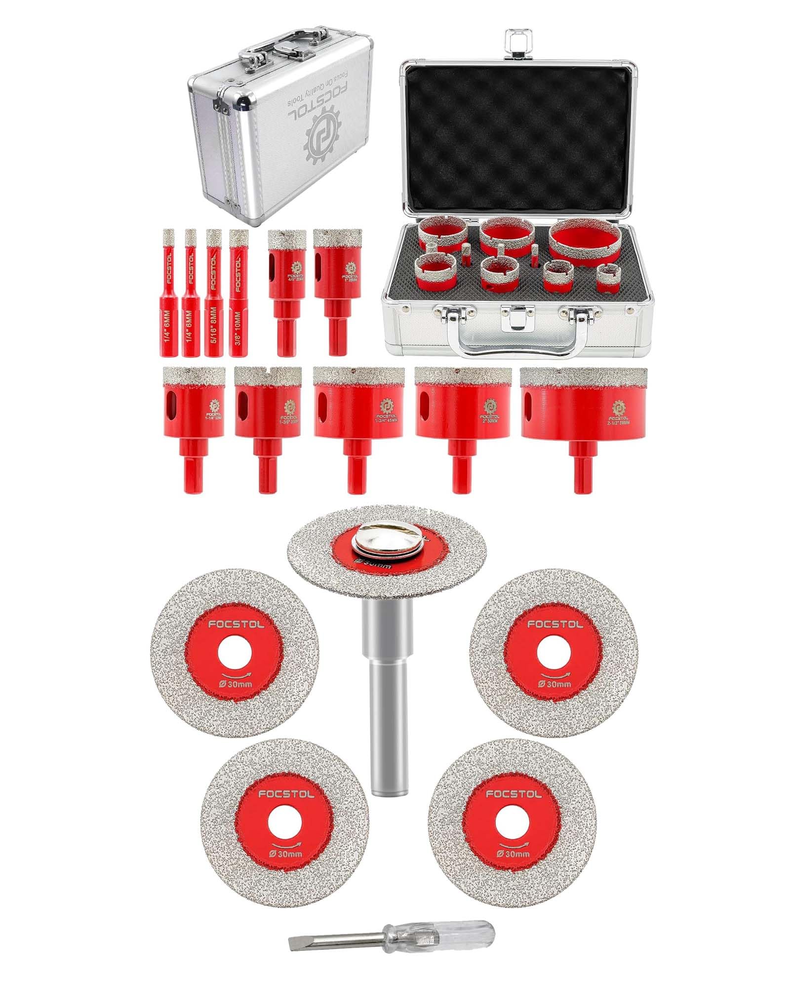 FOCSTOL Disco Corte Vidrio 5 piezas 30mm Disco Diamante y 1 pieza 6mm Mango Redondo y Juego de Brocas Diamante 11 piezas (6/6/8/10/20/25/32/35/45/50/65mm)