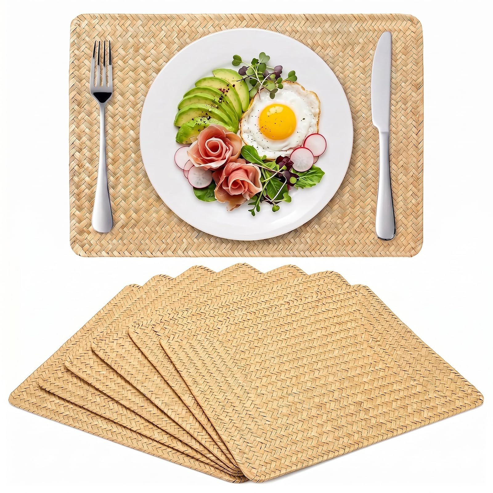Set di 6 tovagliette intrecciate, 45 x 30 cm, rettangolari in erba marina naturale, tovagliette rettangolari in rattan intrecciato, tovagliette boho fatte a mano, per tavolo da pranzo, isolamento