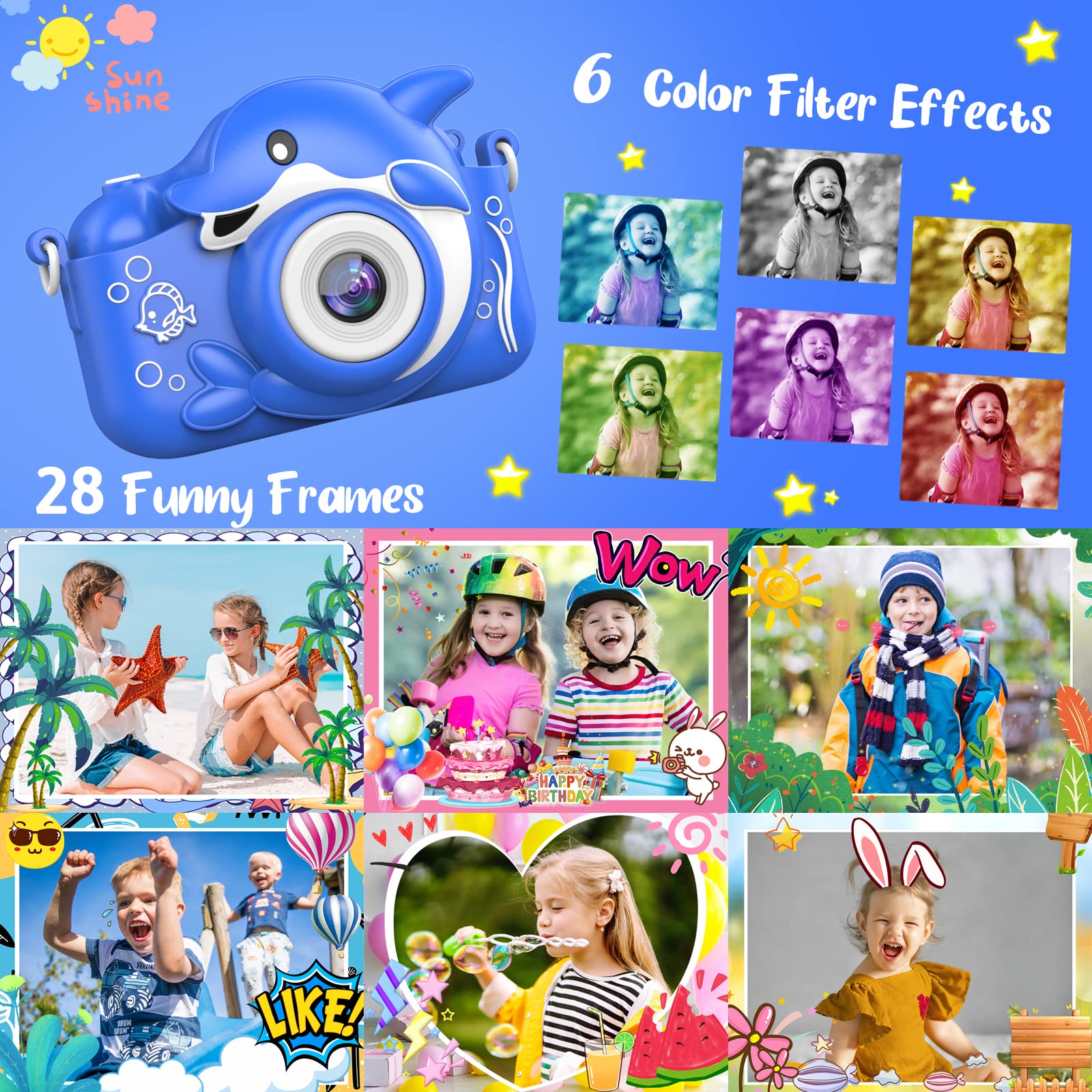 Hangrui Macchina Fotografica Bambini, Fotocamera Bambino con Giochi, 20MP 1080P Selfie Videocamera con 32G, Fotocamere Digitali Regalo Natale &Compleanno da 3 a 12 Anni -Blu