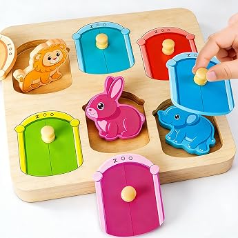 KmmiFF Wooden Puzzle 1 Year Montessori Toy 1 2 3 Year Easter Birthday Gifts Zoo Forest Animal Plug-In Game Colors Educational Toy Motor Skills Toy Baby Toy 12 18 Months Baby Boy Girl