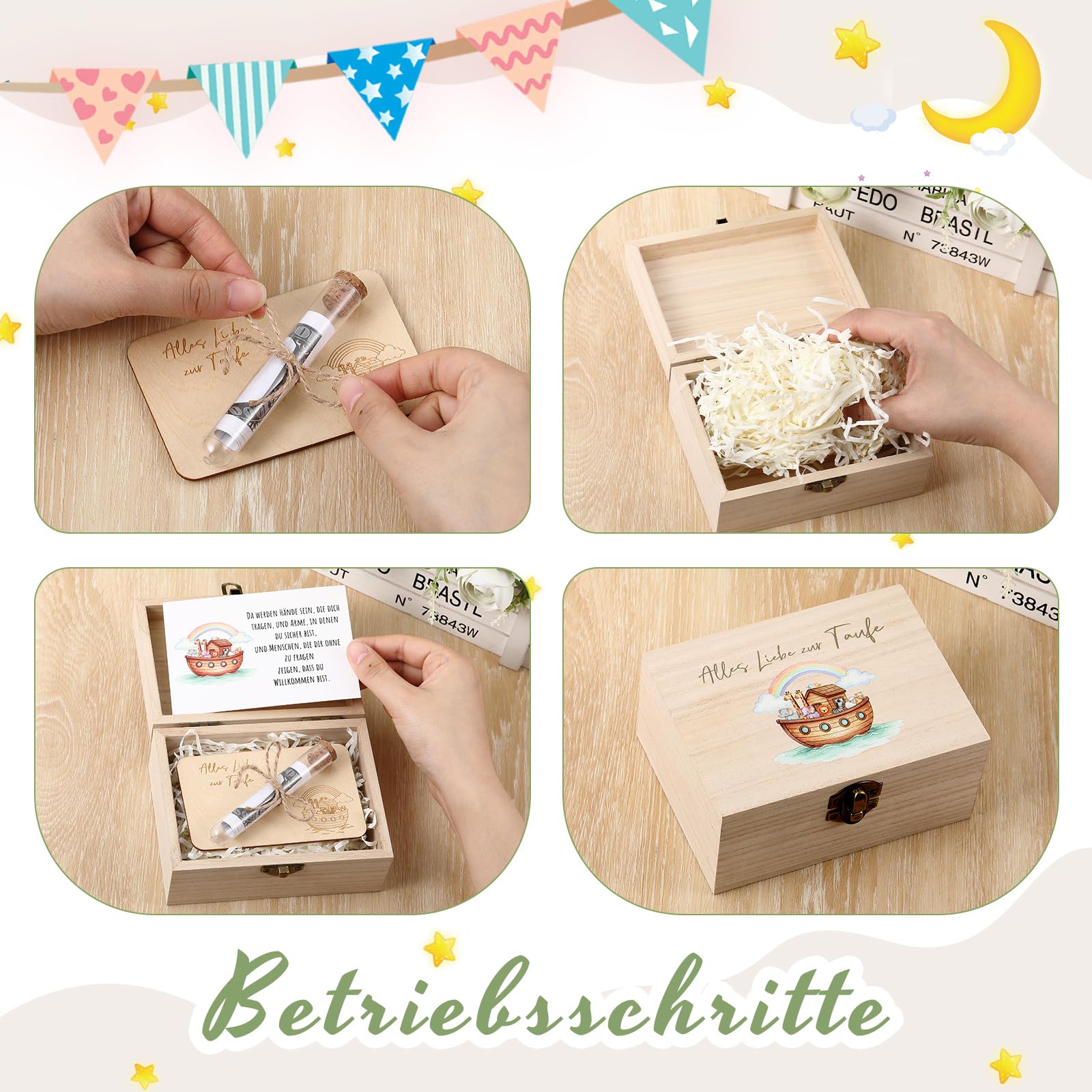 Namalu 4er Set Taufe Geldgeschenk Holzbox mit Regenbogen und Tier Arche Noah Reagenzglas Holzsplitter Grußkarte und Raffia Gras Geldgeschenk Verpackung für Party Gäste Taufe Deko