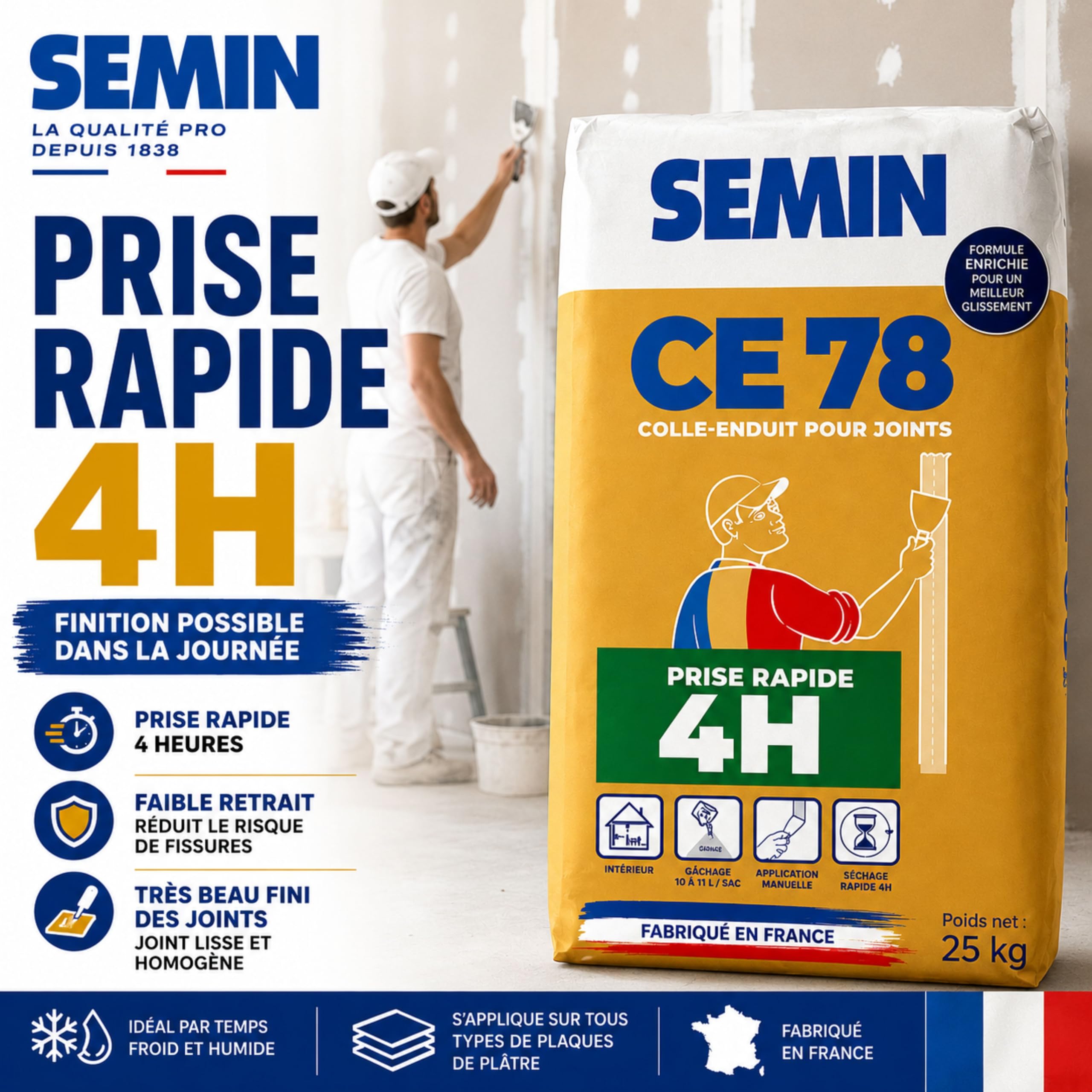 Semin A00640 CE 78 - Sellador rápido para juntas de placas de yeso, tiempo de toma 4 horas, interior, bolsa de 25 kg