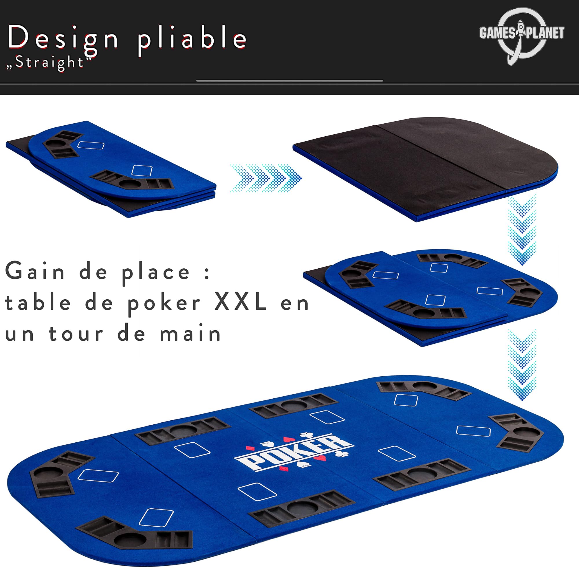 GAMES PLANET Support de Poker Pliable Straight pour jusqu'à 8 Joueurs, Dimensions 160x80 cm, Plateau MDF, 8 Porte-Boissons, 8 chiptrays