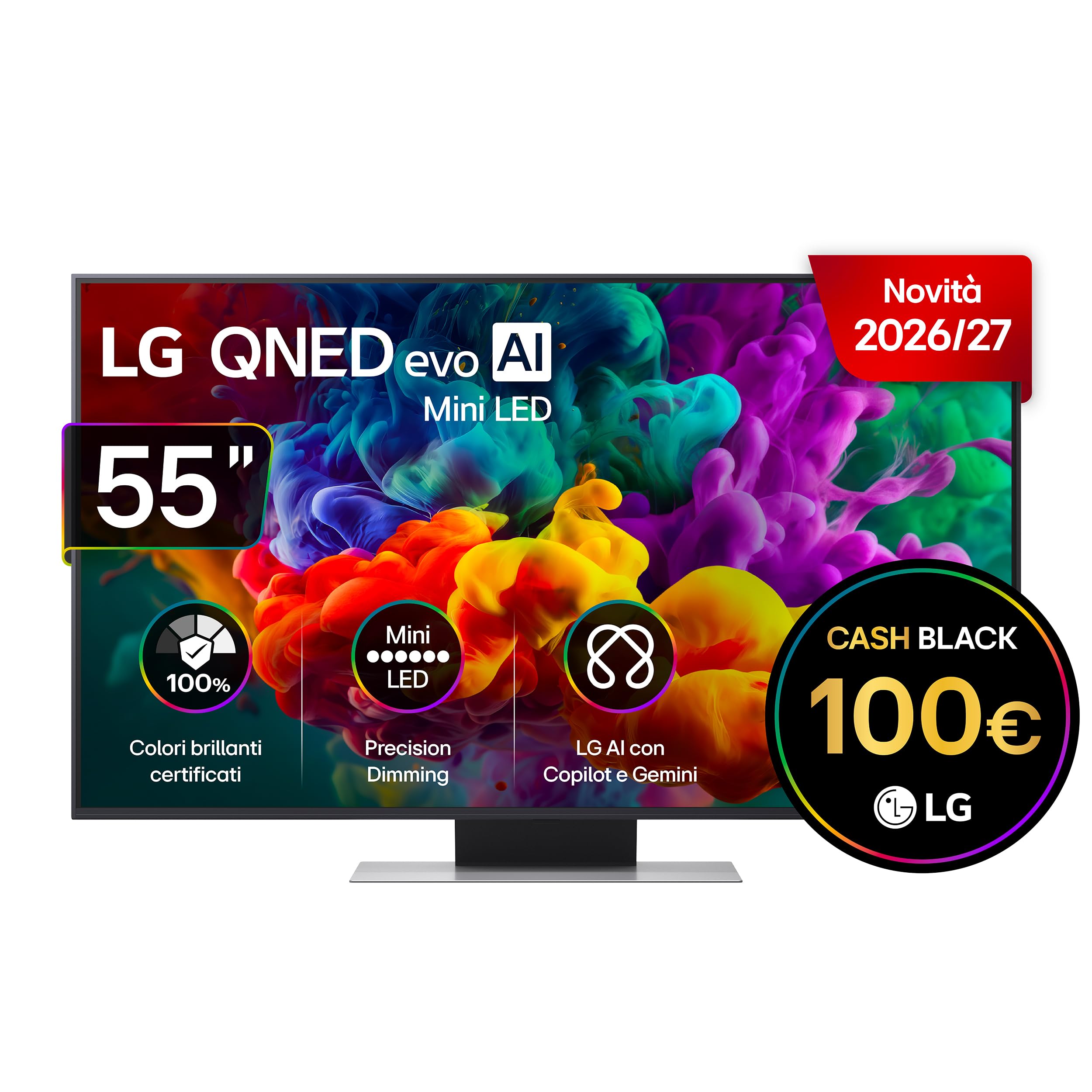 LG QNED evo AI MiniLED 55 pollici Serie QNED86B 55QNED86B6B, Smart TV 4K, Dolby Vision, Processore α8 Gen3, AI Magic Remote, webOS con Gemini e Copilot, Spessore 29,7mm, Motion Booster 288, TV 2026