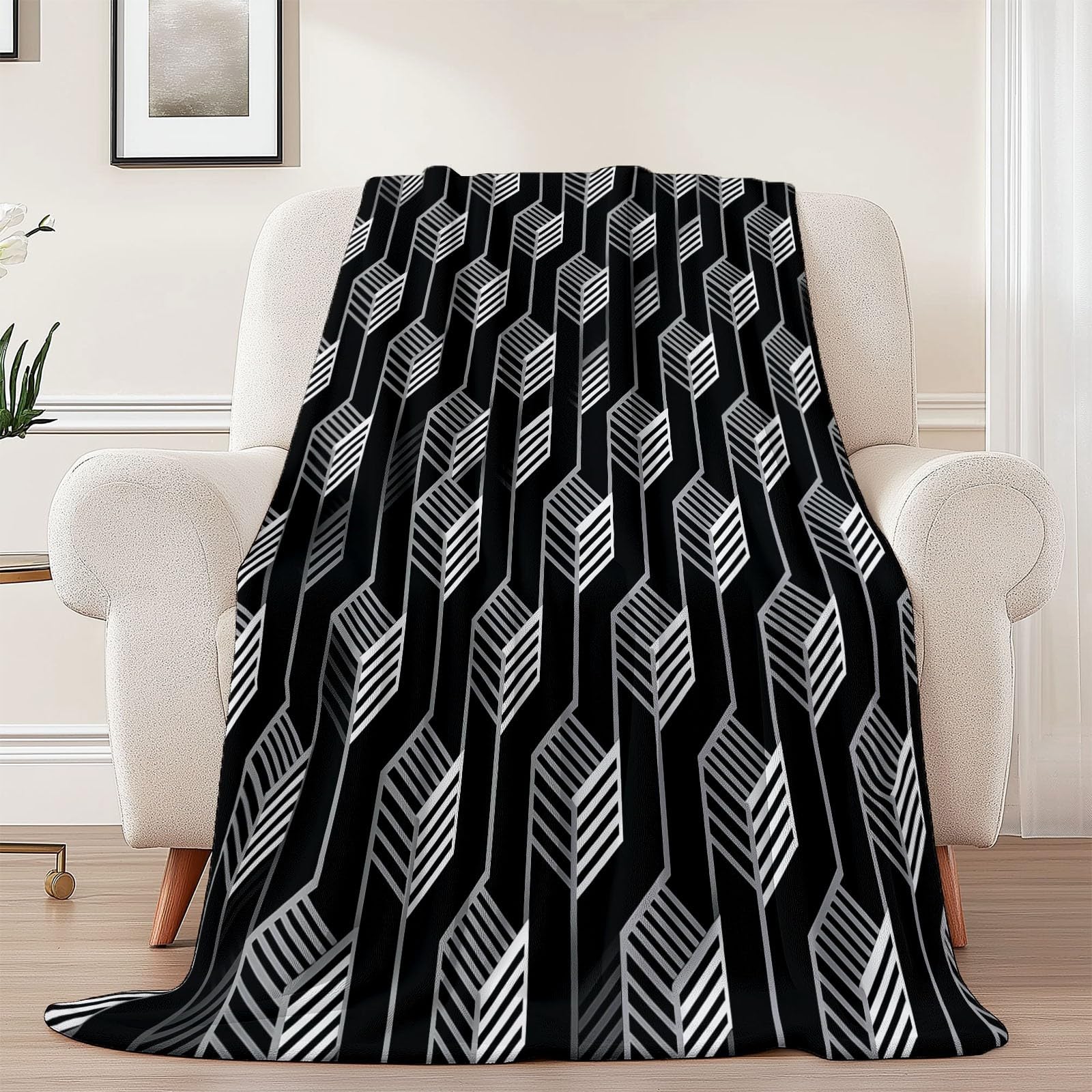 Manta de Franela Geometría Moderna para Mujeres y Hombres, Manta de Felpa de Franela Suave para sofá Cama, decoración de habitación Infantil 200 x 220 cm Negro