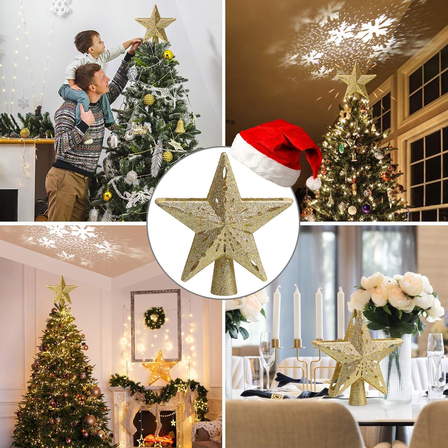 Avoalre Pointes de Sapin Projecteur 3D Rotation Étoile Sapin de Noël LED Arbre Topper Lumineuse Rotatif Decoration pour Arbre de Noël Interieur Exterieur-Doré(Etoile)