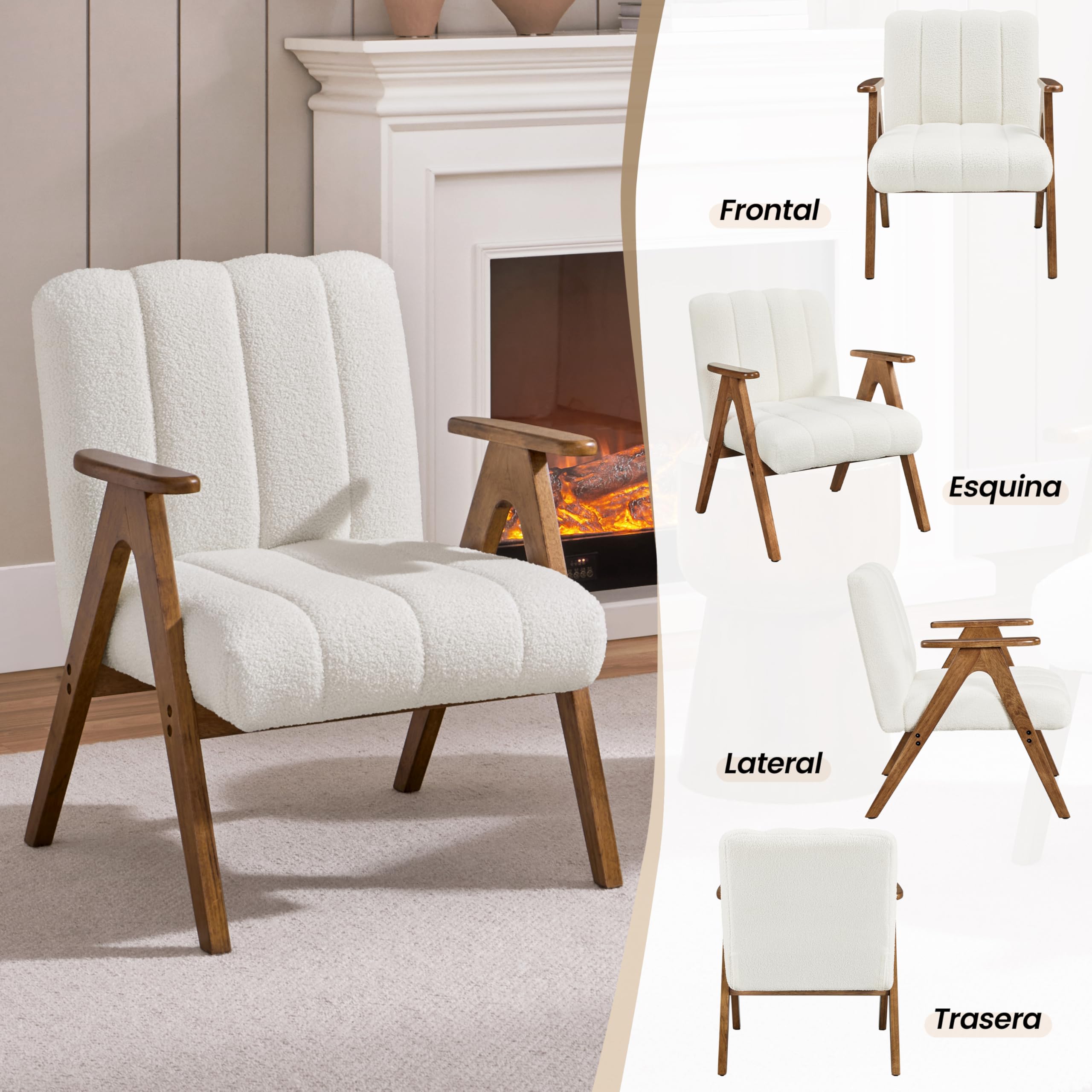 Yaheetech Sillón de Salón con Patas de Madera Maciza Respaldo y Cojín de Asiento Acolchado Sillón Relax Tapizado en Tela Bucle para Rincones de Lectura Salas de Estar Blanco