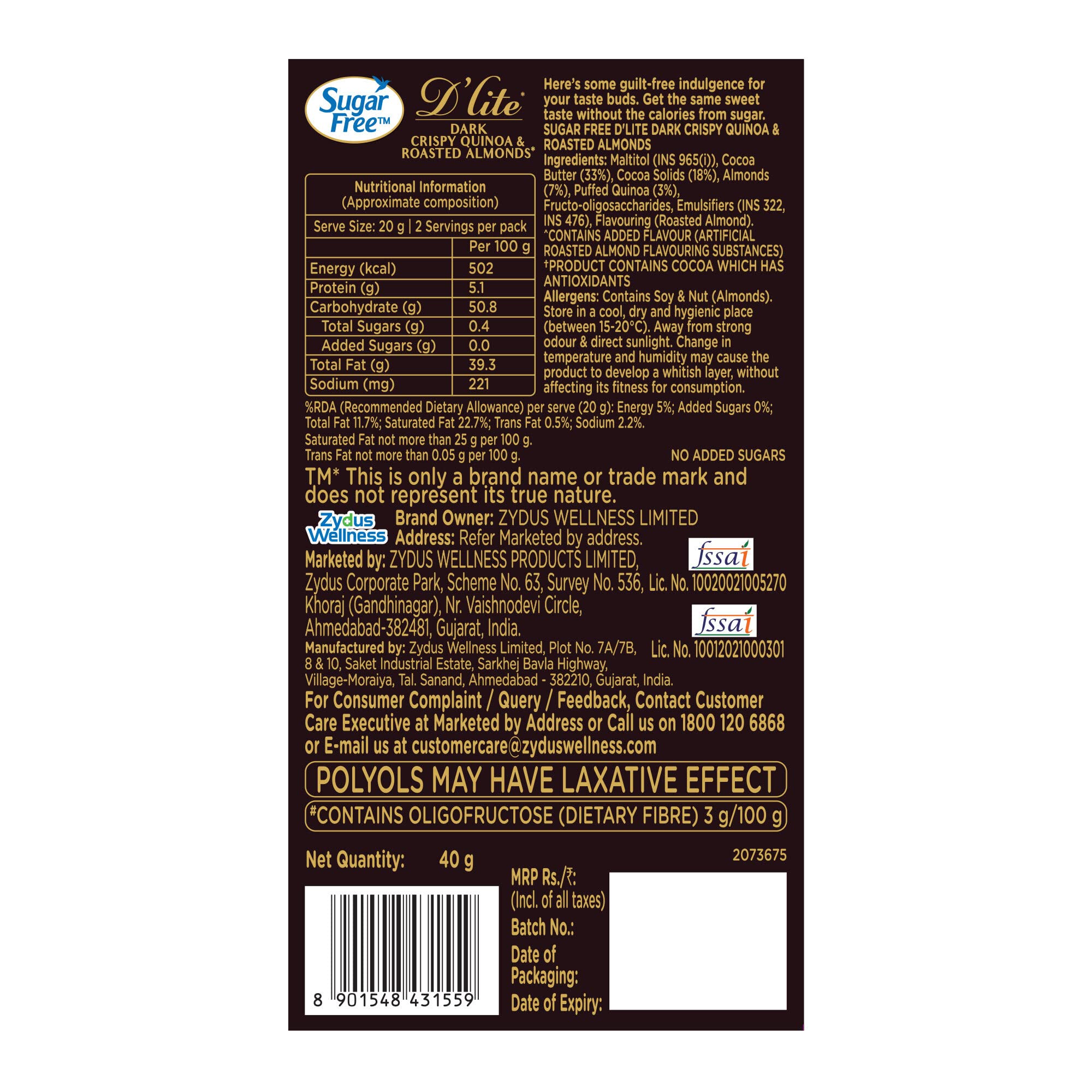 Sugar Free D'lite Quinoa & Almonds Dark Chocolate Bar, 40g (Pack of 3)