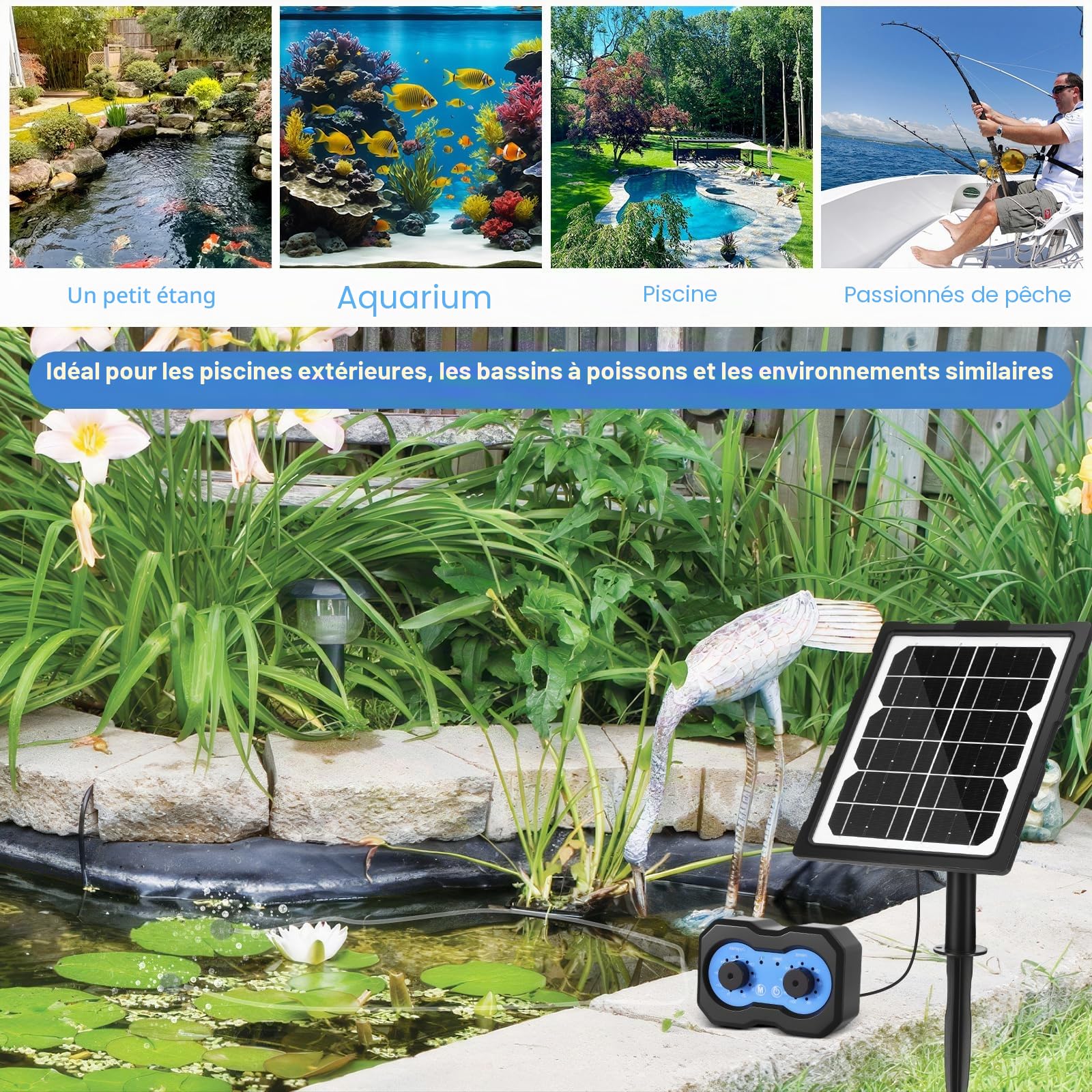Pompe à oxygène solaire - 3 W - 2 modes de travail - Pompe à oxygène solaire programmée avec batterie de 2200 mAh - Silencieux et réglable - Pompe à air d'aquarium - Pompe à oxygène pour étang, jardin
