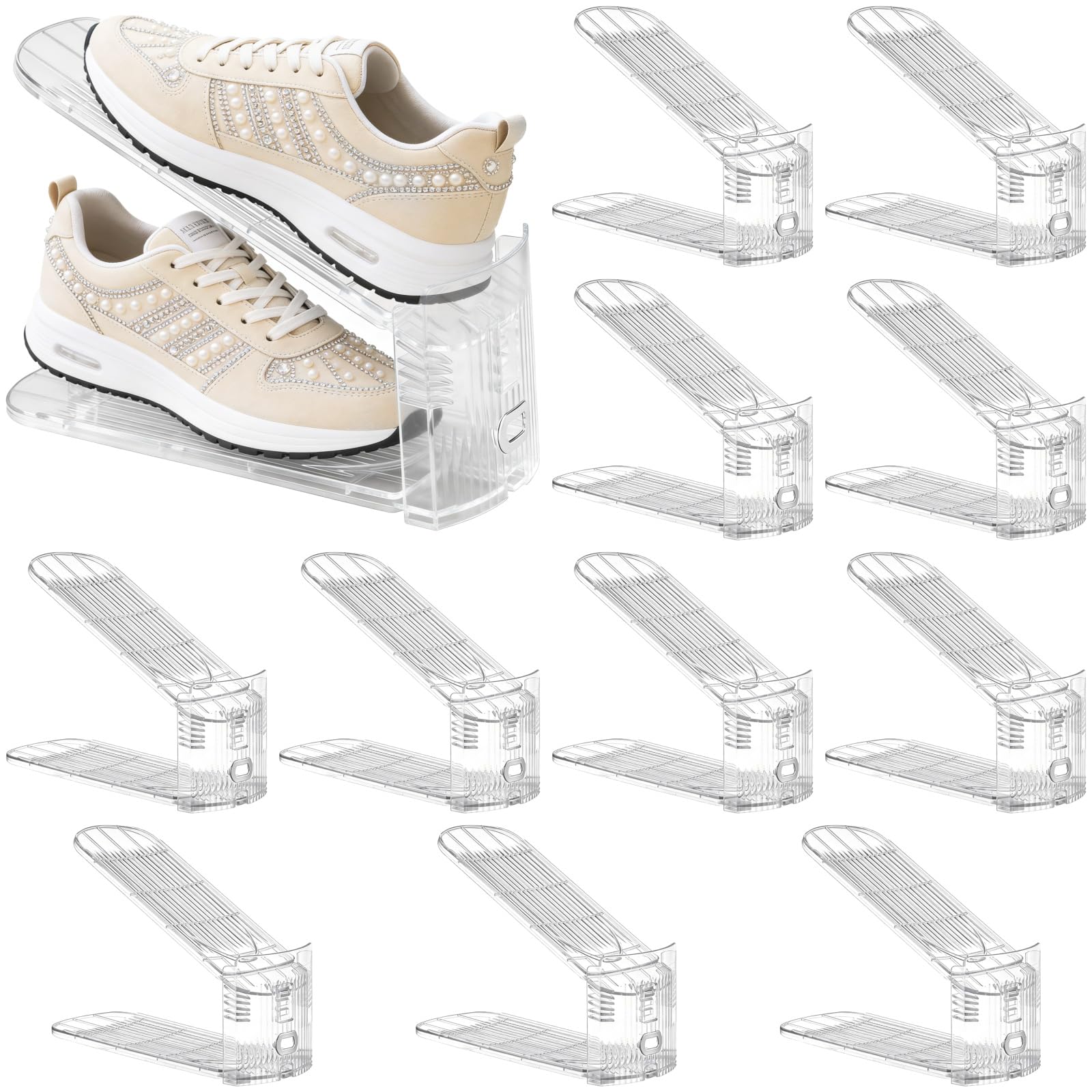 SWEWARM 12 Pcs Clear Adjustable Shoes Holder, Double Layer Space Saver Shoe Stacker for Closets, Sturdy Plastic Shoe Slots Organizer, 10.2 x 7.7 in for Various Footwear, Significant Space Saving