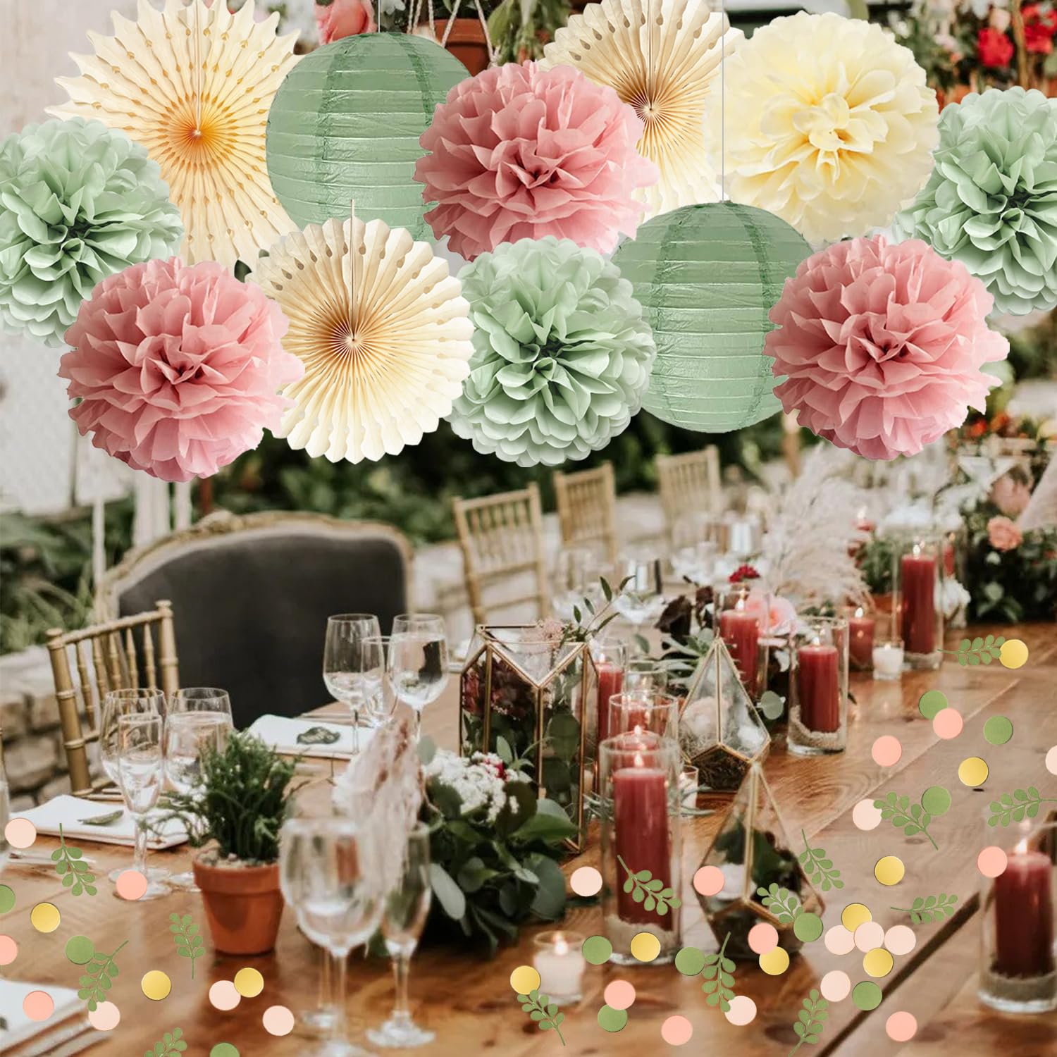 Décoration Fête Thème Vert Sauge – 12 Pièces (éventails, Pompons, Lanterne, Bannière) Pour Anniversaire, Mariage, Baby Shower - 6
