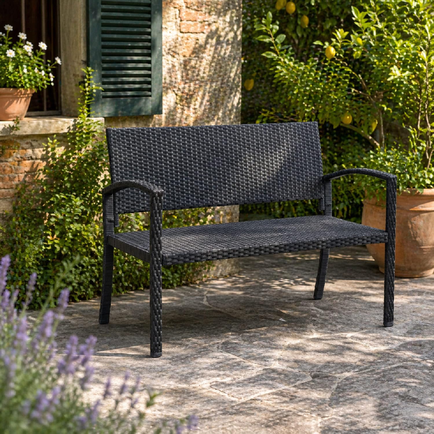 Arreditaly Panchina Da Giardino In Polyrattan Con Braccioli Struttura In Metallo Resistente Fino A 320 Kg Ideale Per Esterno Terrazzo Balcone Design Moderno Effetto Rattan 122 x 58 x 90 Cm Nero