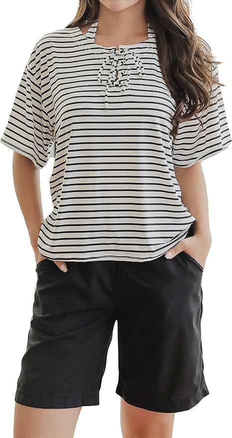 Cotaron 水着 レディース 体型カバー ４点セット ボーダー ビキニ ハーフパンツ Tシャツ ショーツ タンキニ カバーアップ