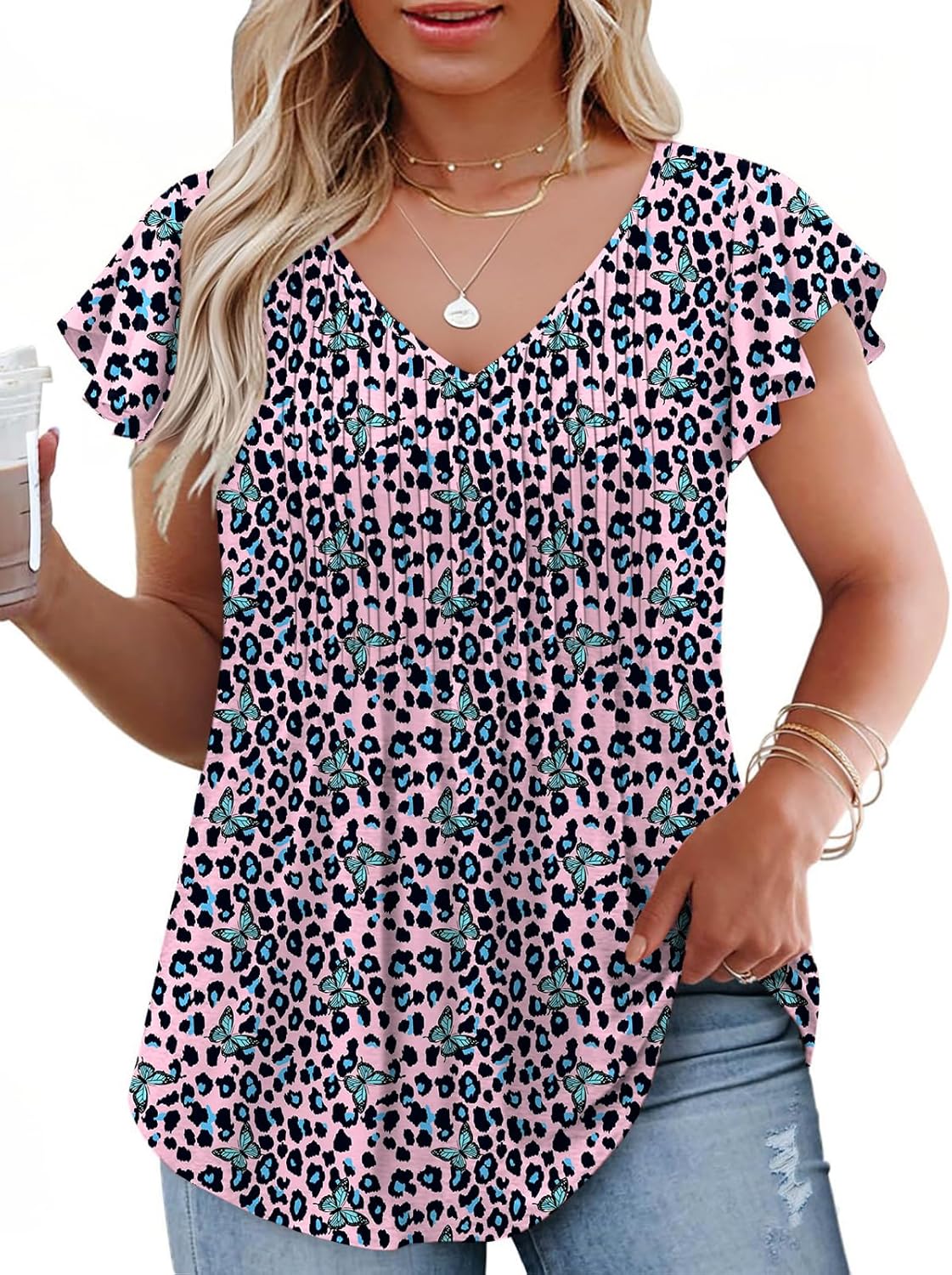 VOGRACE Womens-Plus-Size-Summer-Tops Casual V Neck T Shirts Trendy Ruffle Short Sleeve Tunics Loose Comfy Pleated Tees XL-5XL