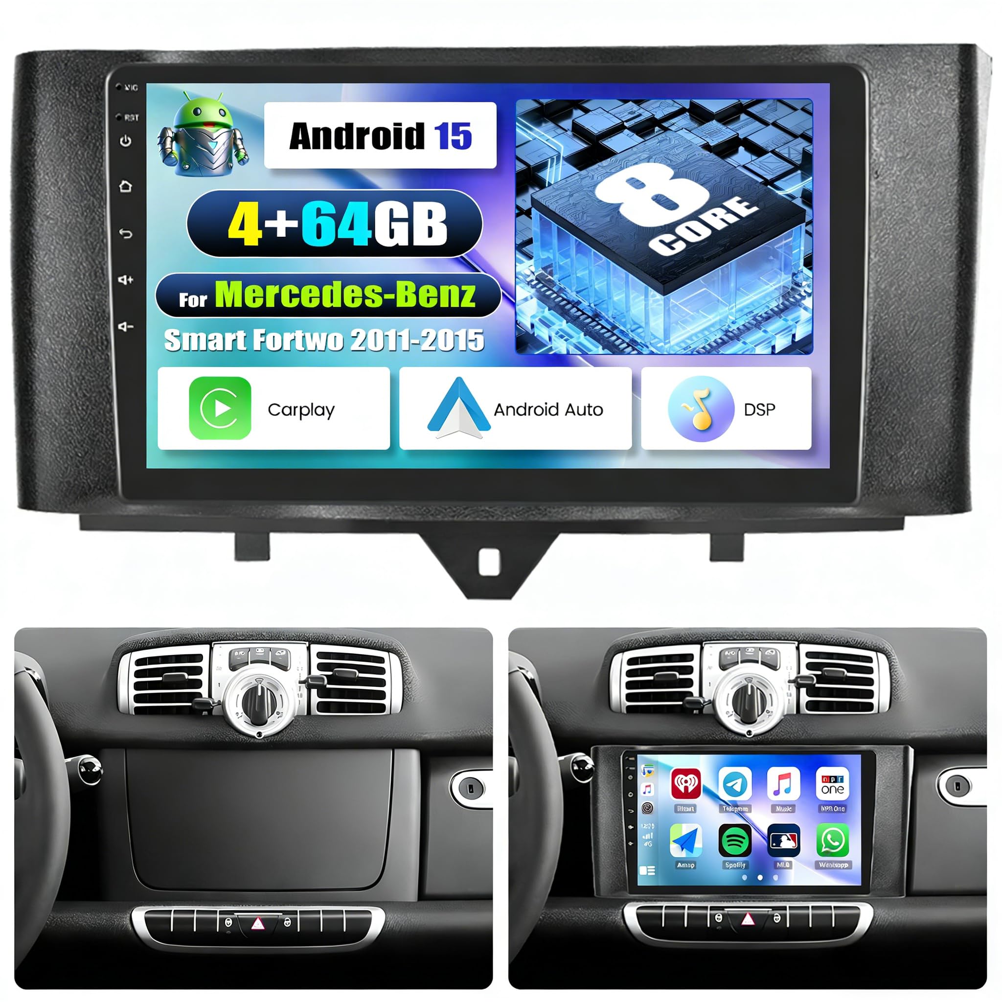SIXWIN 8 Core 4GB+64GB Android 13 Autoradio con CarPlay/Android/DSP per Mercedes-Benz Smart Fortwo 2011-2015, 1280 * 720, 9" HD Schermo Navigatore GPS WiFi BT USB FM RDS Radio Mirror Link+32 band EQ