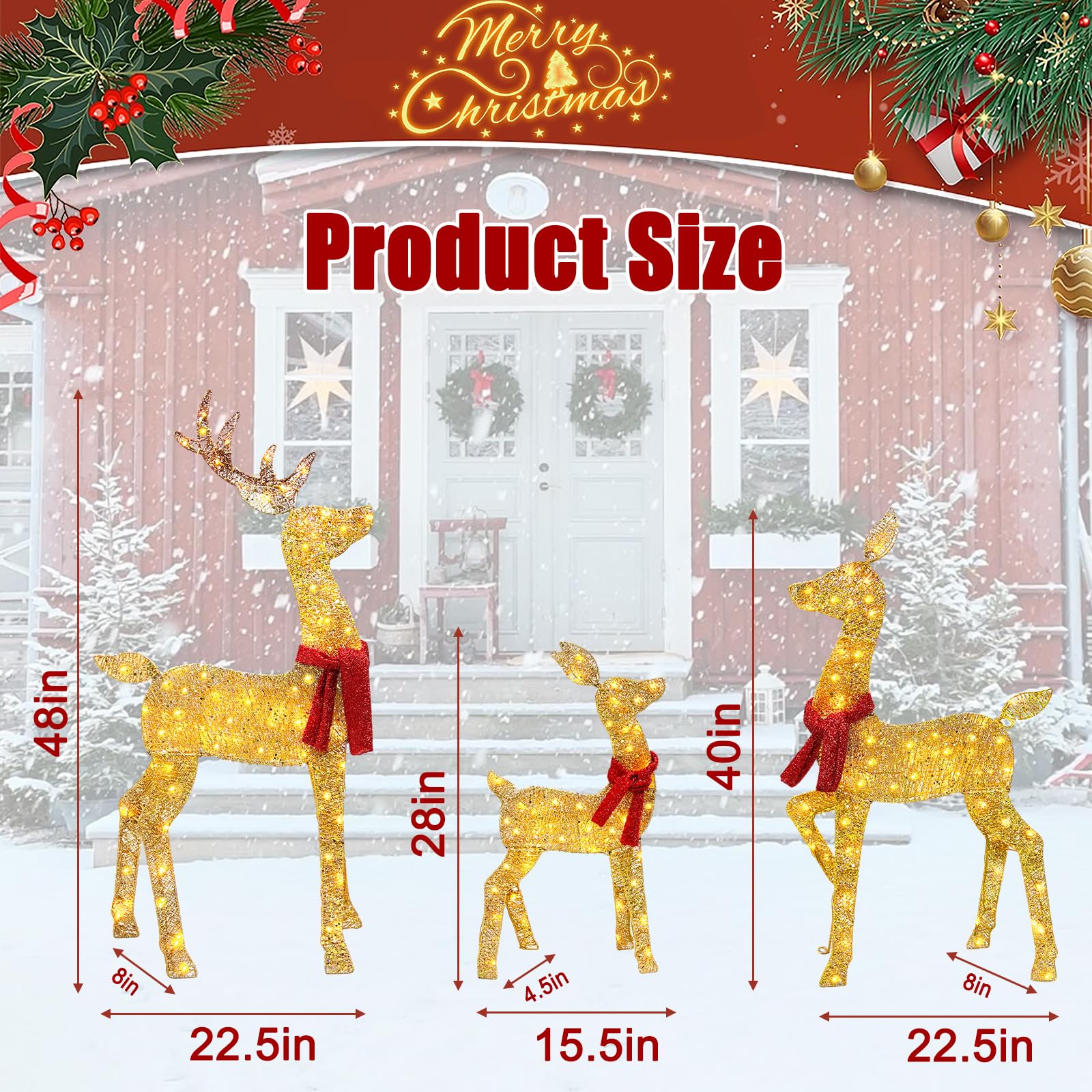 2025 3-teiliges 2D-beleuchtetes Weihnachts-Hirsch-Familien-Set, 1,2 m Outdoor-Weihnachts-Hirsch-Set, Dekoration mit 145 LED-Lichtern, Stecker für Urlaub, Vorhof, Veranda, Innendekoration, Gold