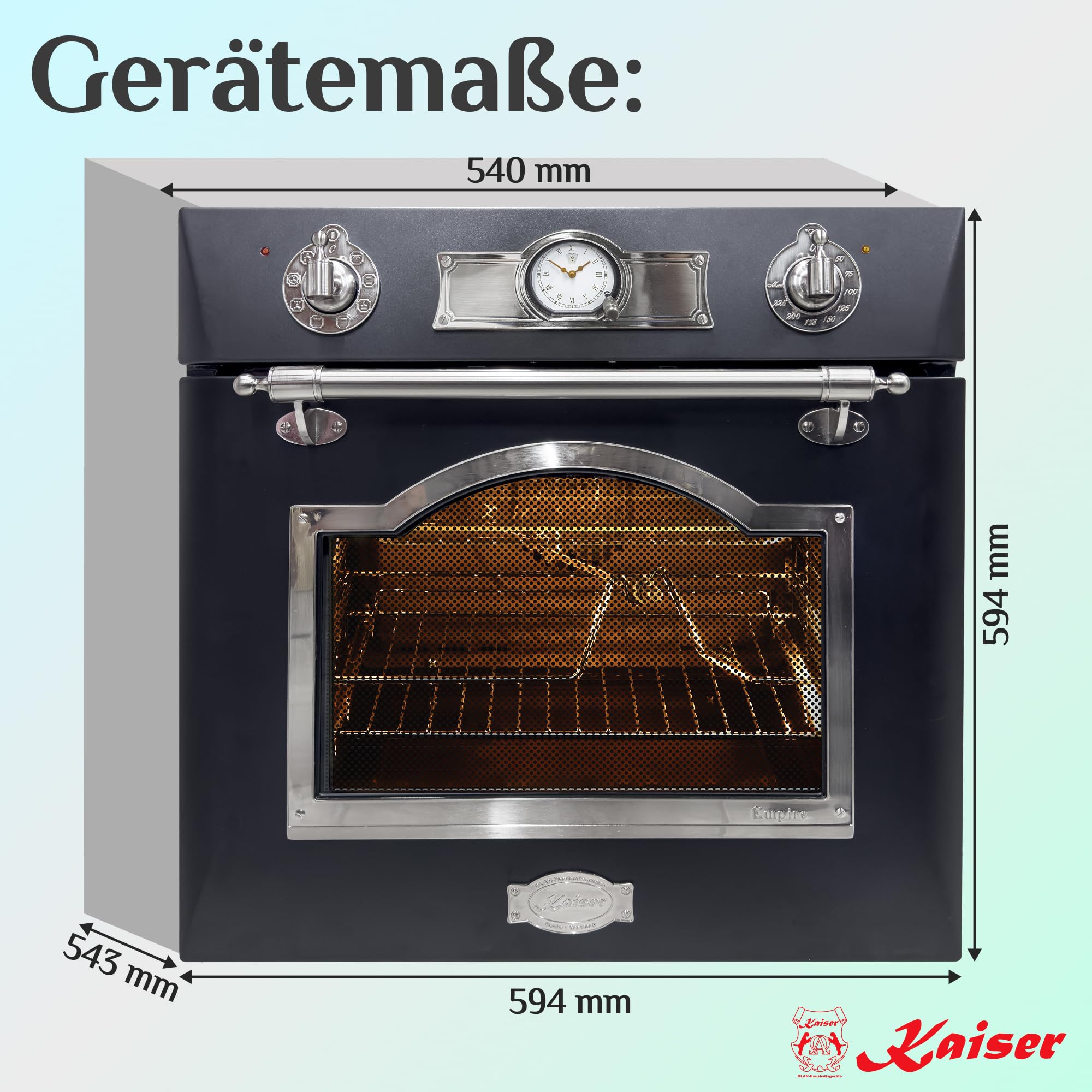 KAISER Einbaubackofen EH 6355 Em Sil mit 1-fach-Teleskopauszug, Retro Elektro Einbau Backofen Autark 60 cm 67L 8 Funktionen in Schwarz