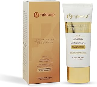 HK Glowup Brightening Sunscreen SPF 50 PA+++ 60ml | Broad Spectrum UVA UVB Protection | For All Skin–Oily, Dry, Acne-prone | Waterproof, Professional Grade Skin Care, Non-Comedogenic | Sweat Resistant