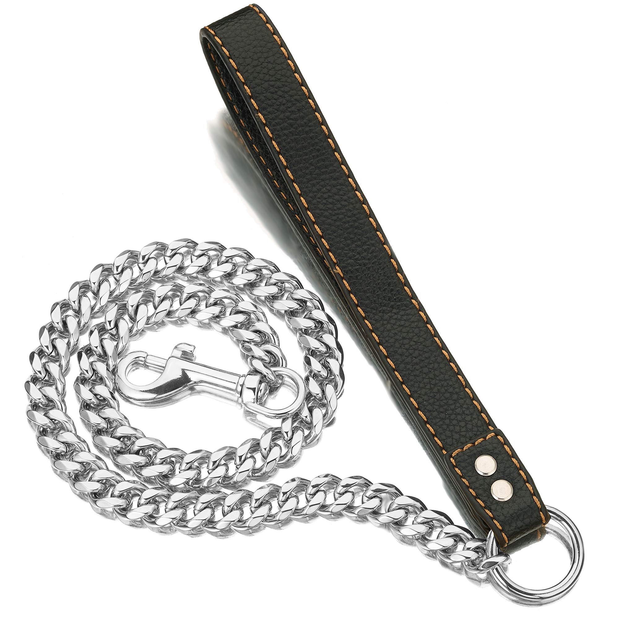 Dog Chain Leash Dog Leash Heavy Duty Strong Chew Proof 13mm Chian Length 2ft 3ft 4ft Chrome Stainless Steel Cuban Link Chain with Comfortable Leather Handle(Totally Length of 4FT)