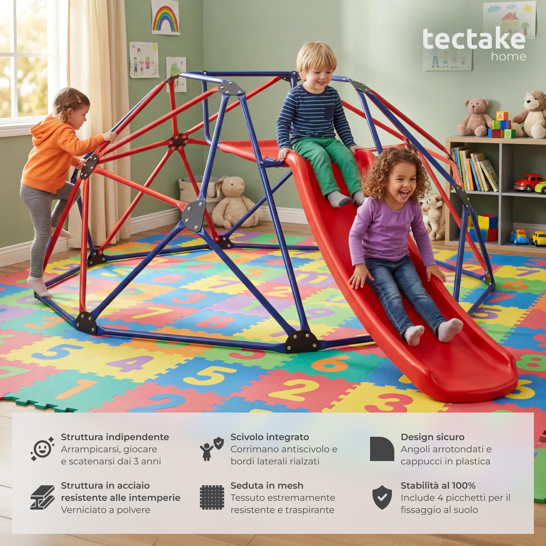 tectake® Cupola di Arrampicata Outdoor e Scivolo 185x243x90 cm, Giochi da Giardino in Acciaio con Scivolo Bambini, Giochi da Esterno e Interno per Arrampicata per Bambini, Portata 150 kg - Rosso e Blu
