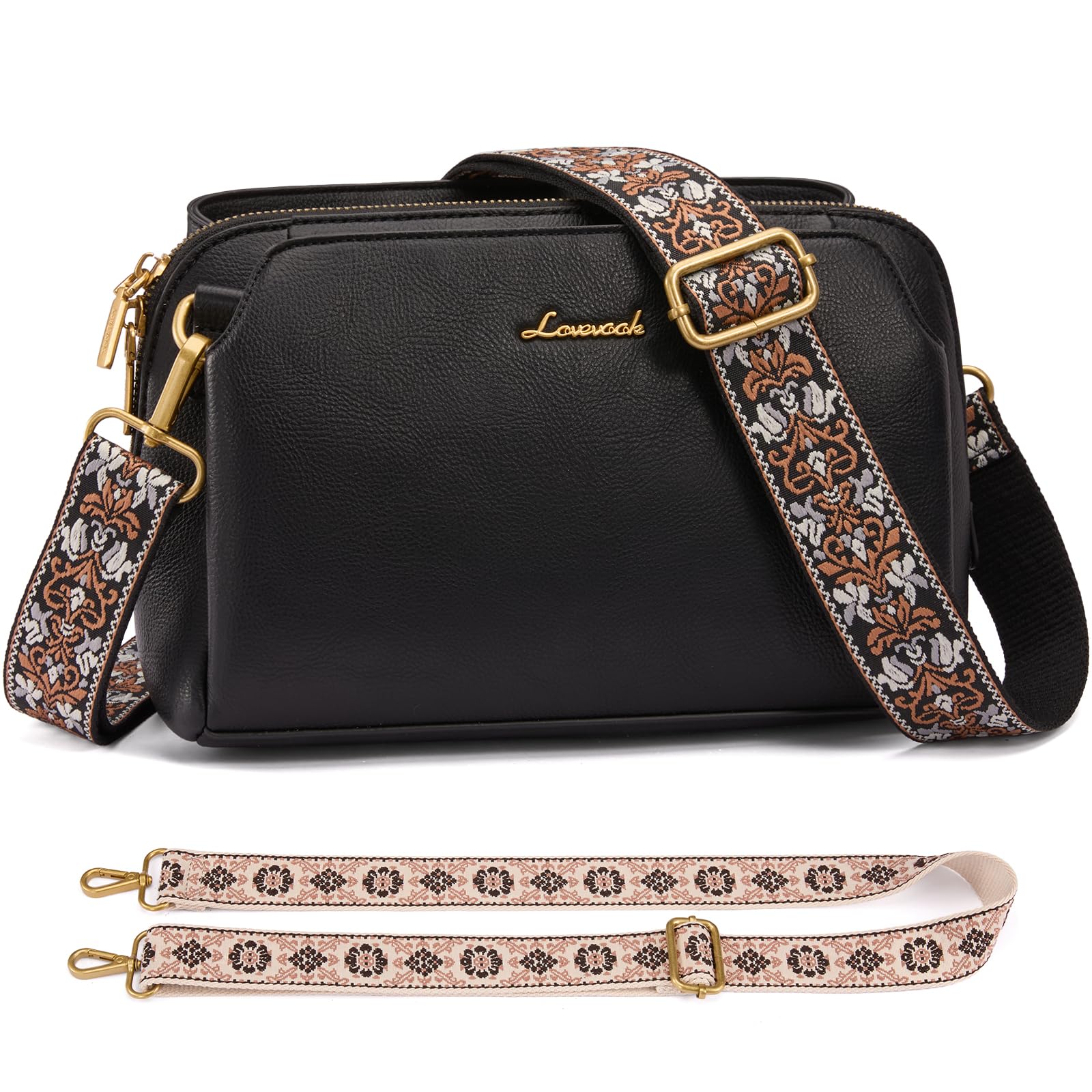 LOVEVOOK Umhängetasche Damen, Kleine Handtasche, Schultertasche Mittelgroß | mit 2 Breiten Schultergurten, RFID Blocker Kartenhülle, 3 Fächer, Crossbody Bag für Büro Uni Freizeit & Pendler, Schwarz