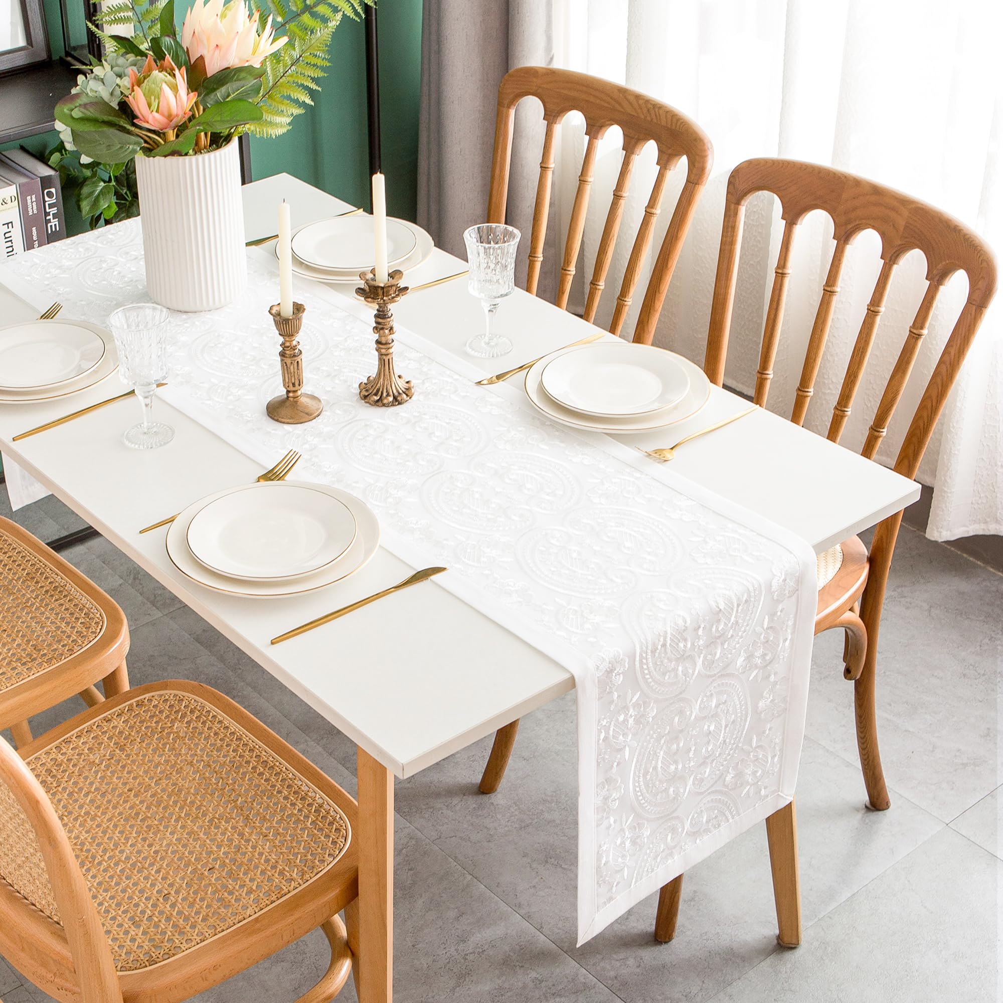 Vintage Lace Table Runner Natural Linen Table Runner with White Lace Embroidered Double Layer Rectangle Runner for Dining Kitchen Dresser 13x48 Inch