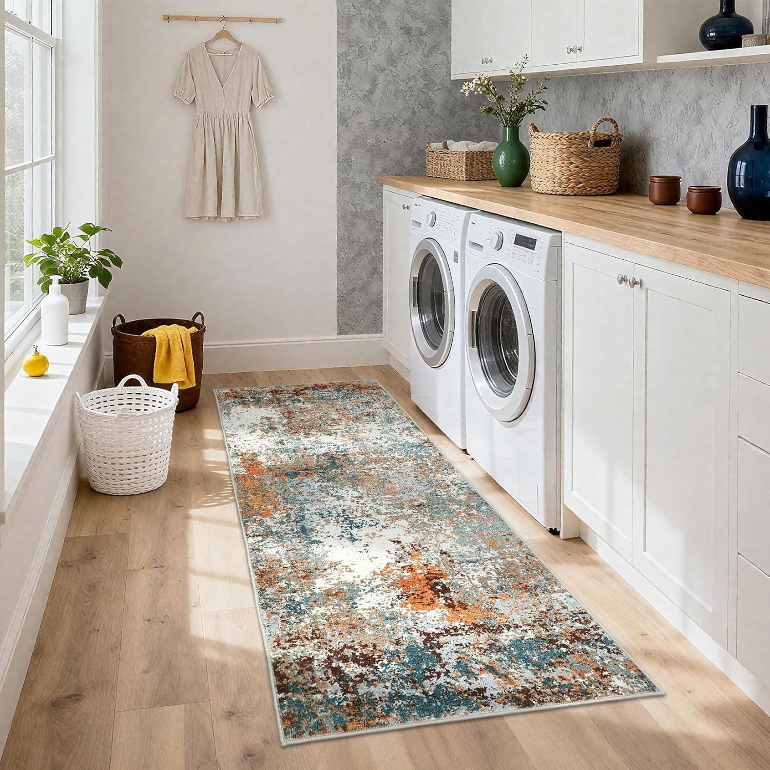 GarveeHome Modern Abstract Runner Rug - 2x6 Washable Carpet Runner for Hallways Non Skid Laundry Room Rug, Soft Non Slip Indoor Throw Runner for Kitchen Bedroom Bathroom, Multi Color