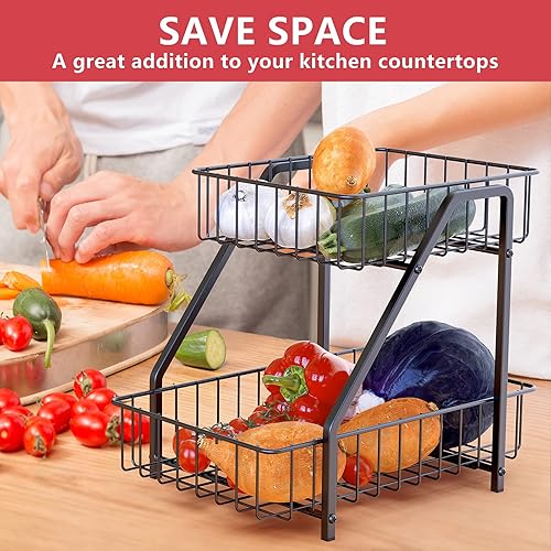 Miniatura 2 de MaraFansie Cesta de frutas de 2 niveles para encimera, frutero, pan, soporte para verduras, soporte de almacenamiento de gran capacidad, color negro